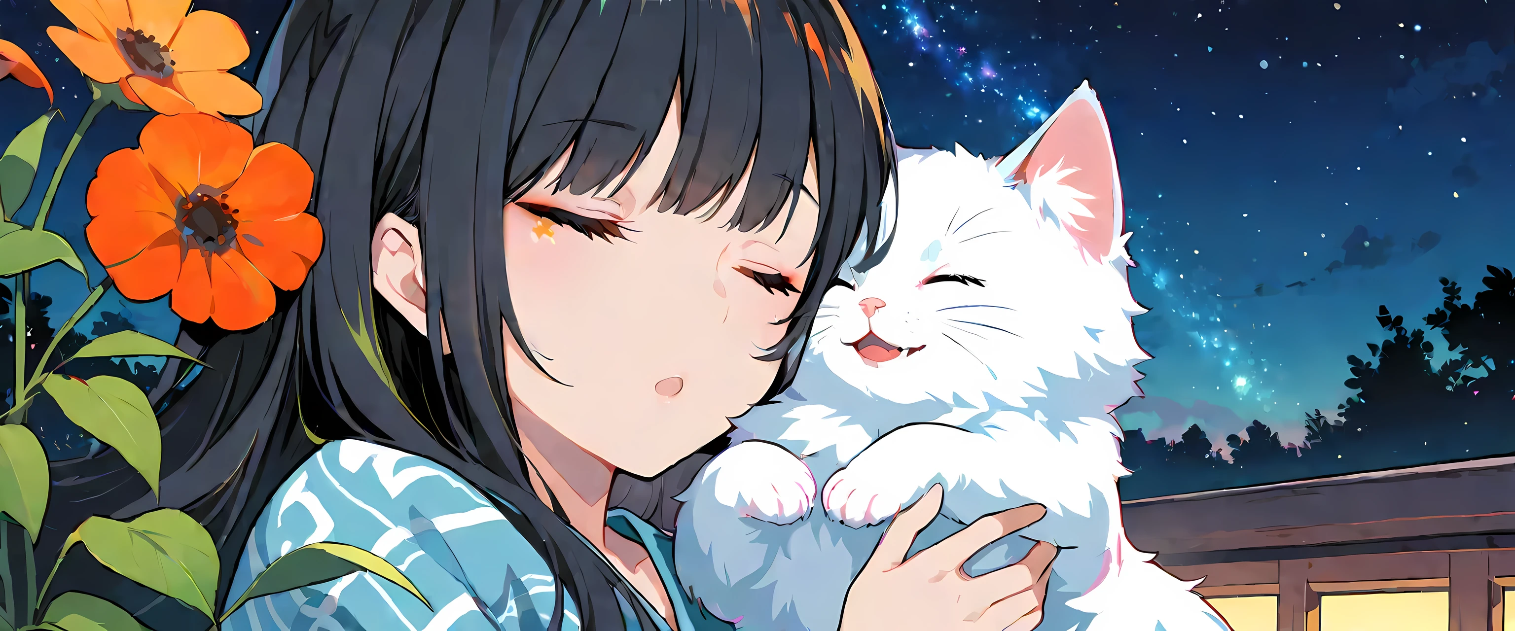 A little girl and a fluffy white kitten, flowers, sleep, long black hair, night, starry sky