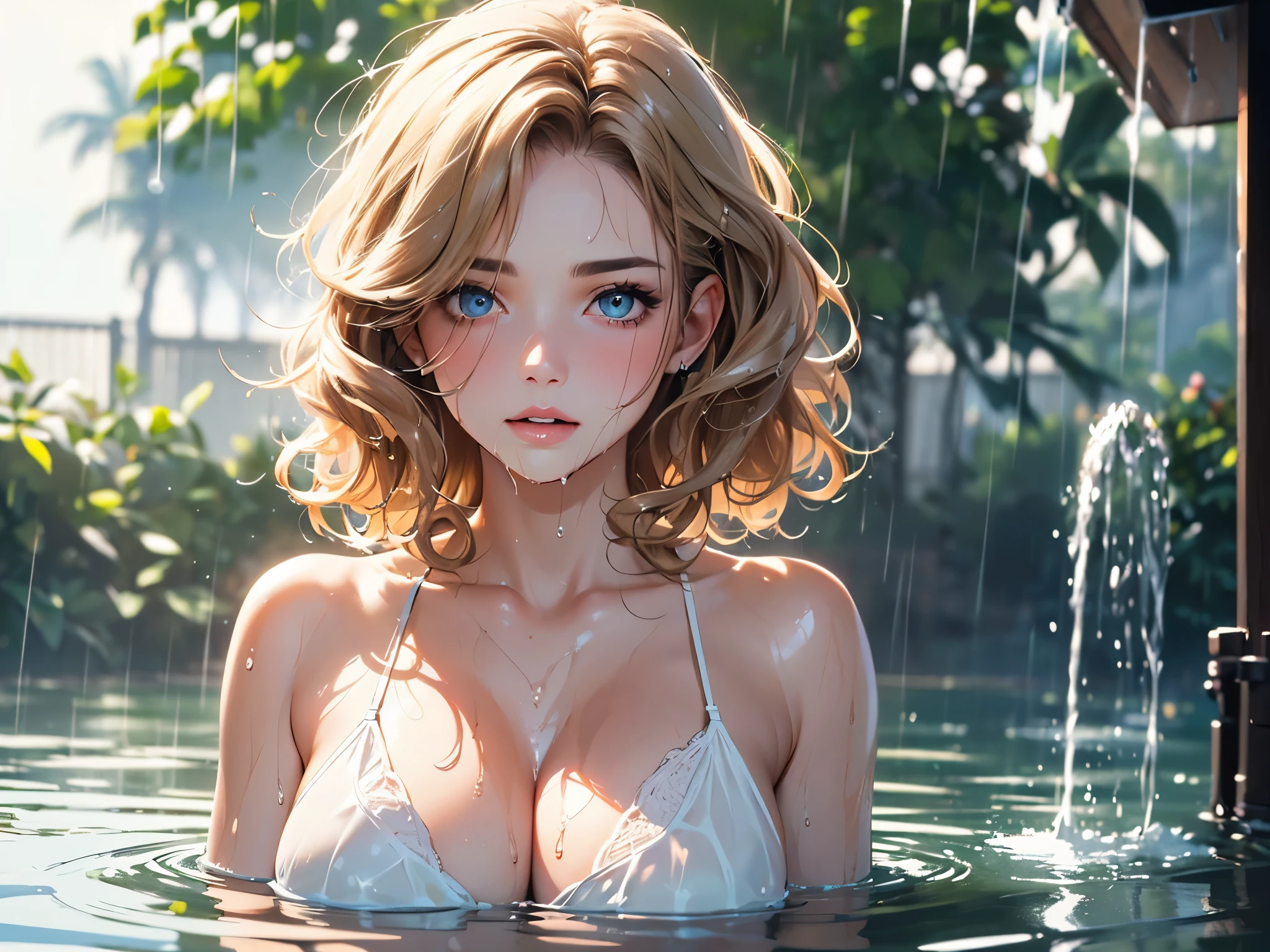 (best quality, 4K, masterpiece :1.3), pretty Woman, 1 girl, (breast, attractive body :1.2), abdominal muscles :1.1, (Brown French short curly hair with blonde highlights, asymmetrical: 1.1), (wet from rain, get wet by rain, wet :1.2), Super detailed face, delicate lips, delicate eyes, double eyelids,