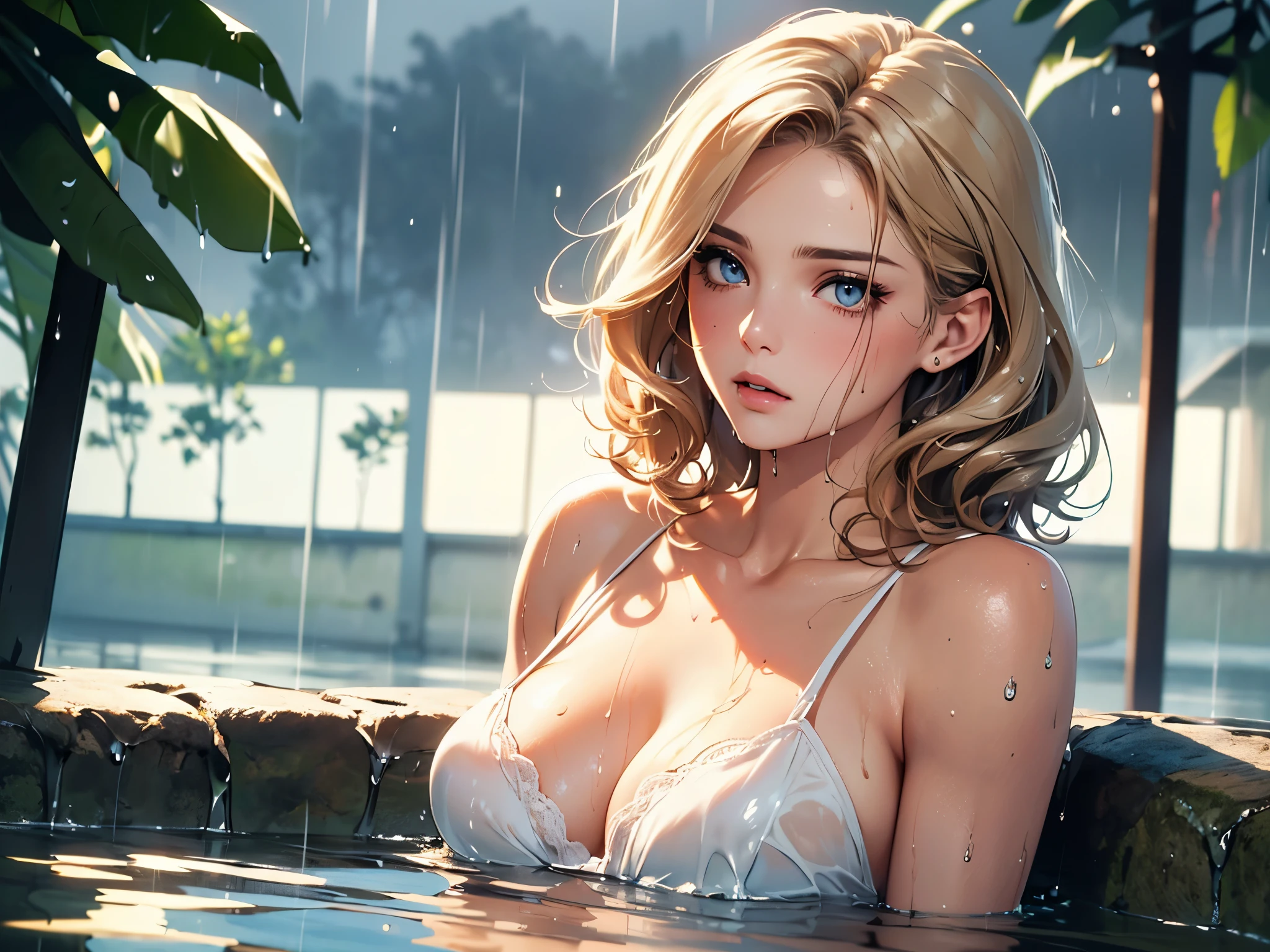 (best quality, 4K, masterpiece :1.3), pretty Woman, 1 girl, (breast, attractive body :1.2), abdominal muscles :1.1,  (Brown French short curly hair with blonde highlights, asymmetrical: 1.1), (wet from rain, get wet by rain, wet :1.2), Super detailed face, delicate lips, delicate eyes, double eyelids,