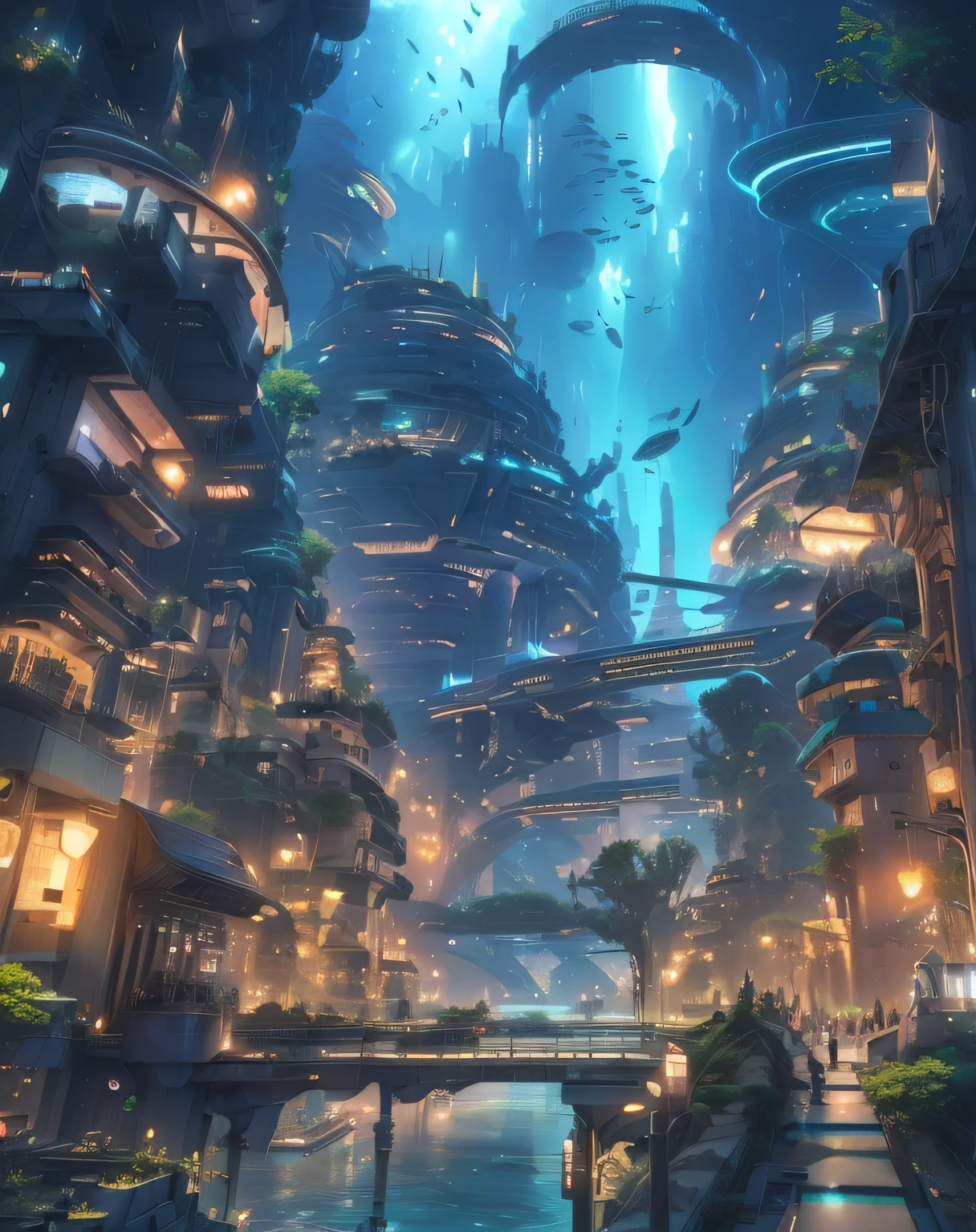 A futuristic city with a bridge and a river in the middle, Em Fantasy Science - City of Fi:, beautiful future city, an an underwater city, 未来的なan underwater city, science fiction fantasy wallpaper, Ancient Science - City of Fi-Fi, 4K concept art wallpaper, SF Urban, Science - City of Fi, In other words:, city of the future, an underwater city, City of San Francisco