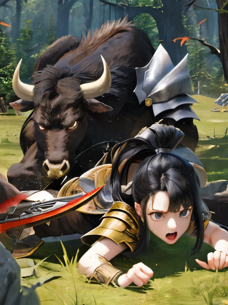 highest quality、battle、black haired woman、sharp eyes、bark、Slash with a sword、light armor、Minotaur attacking a woman、Minotaur gets cut and falls down、wilderness