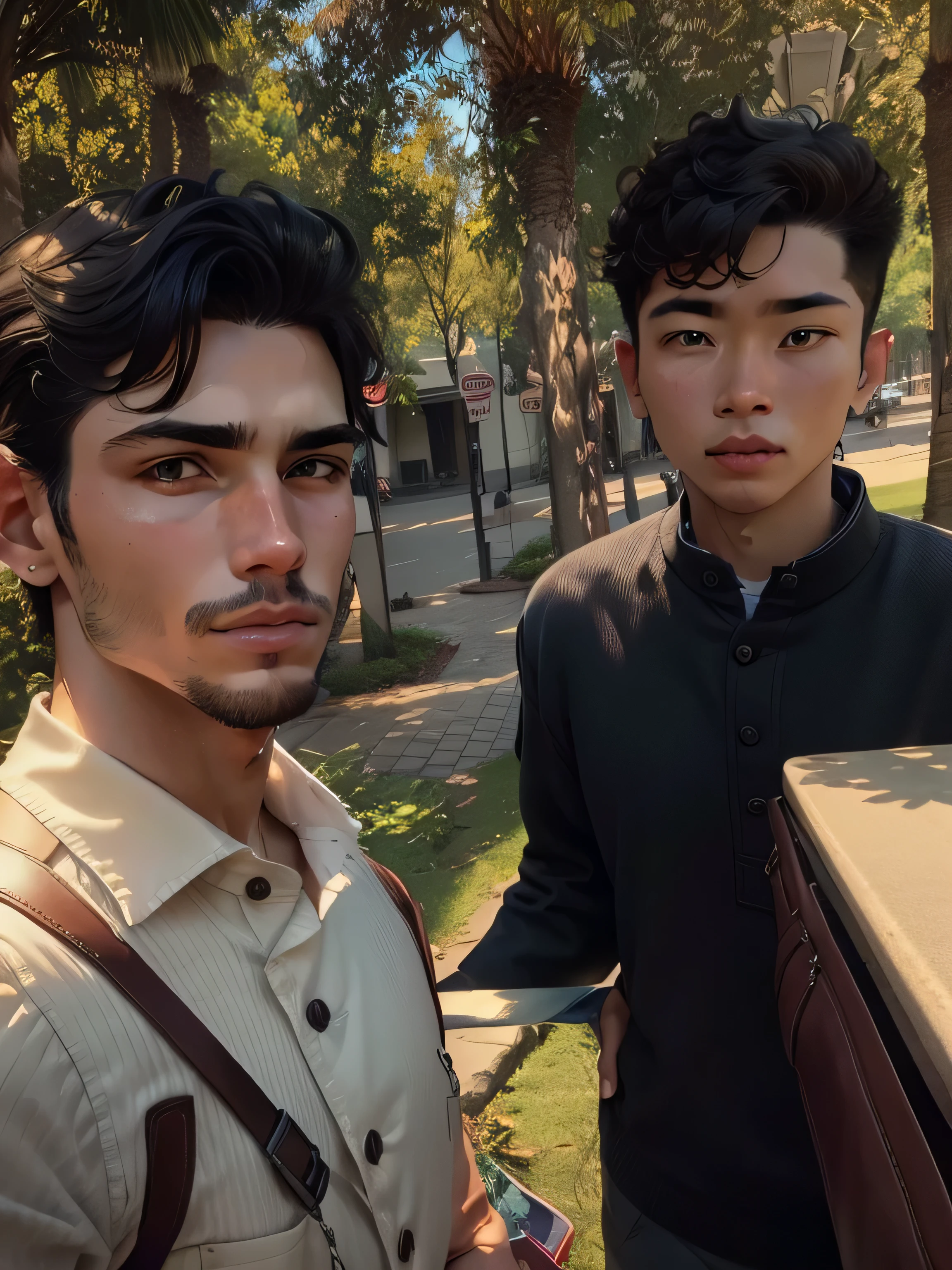 two men standing next to each other in a park, old picture, very clear picture, very very low quality picture, candid picture, two young men, profile pic, around 1 , a picture, selfie photo, at college, in city street, at a park, with accurate face, very clear image, with village, real picture, selfie