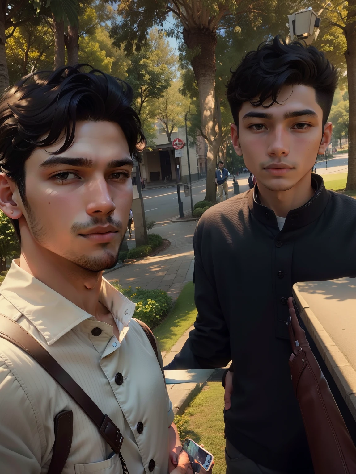 two men standing next to each other in a park, old picture, very clear picture, very very low quality picture, candid picture, two young men, profile pic, around 1 9 years old, a picture, selfie photo, at college, in city street, at a park, with accurate face, very clear image, with village, real picture, selfie