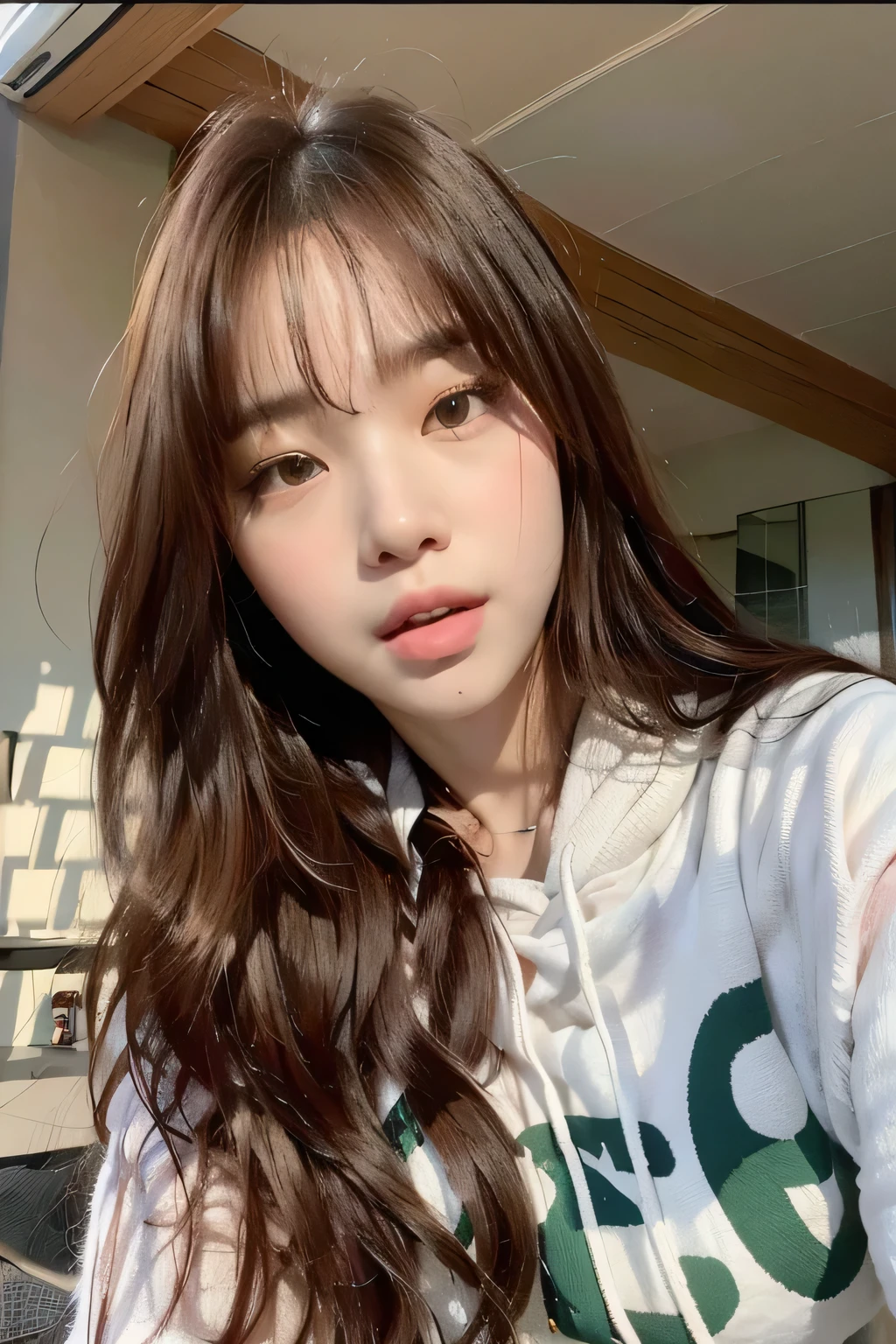 a close up of a woman with long hair wearing a hoodie, ulzzang, bae suzy, 🤤 girl portrait, lalisa manobal, young adorable korean face, jaeyeon nam, with bangs, young cute wan asian face, wan adorable korean face, lalisa manoban of blackpink, korean girl, blackpink jennie, jinyoung shin, center parted bangs