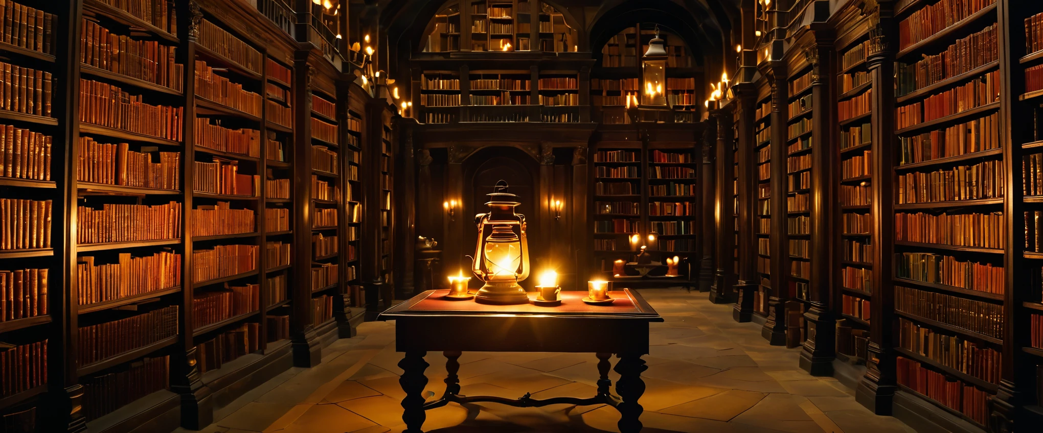 A library photographed with an ultra-wide-angle lens. A library filled with a majestic atmosphere of knowledge. High linear bookshelves, ``Harry Potter'' where witches eager to study democratize the practice of magic, fantastic milky white spells swirling in the air, and flickering candles create a fantastic space. The atmosphere as if the boundaries between reality and the magical world have become blurred, the tall black boots peeking out from under the flowing cloaks, and the pens and papers scattered around the table witches' concentration are reminiscent of titles such as ``Advanced.'' It is a testament to their dedication and determination to master this difficult art book. Transfiguration, The Mystical Properties, Masterpiece, Masterpiece, 32k, 3D, Artwork, Tradition and Mysticism, Library with School of Wizardry, Perfect Composition, Photography with Wide Angle Lens, Photorealistic, Fantasy, Rich Colors, Complex details, beautiful light and shadows, zentangle elements, dim background, a wizard with an oil lamp is looking at a bookshelf