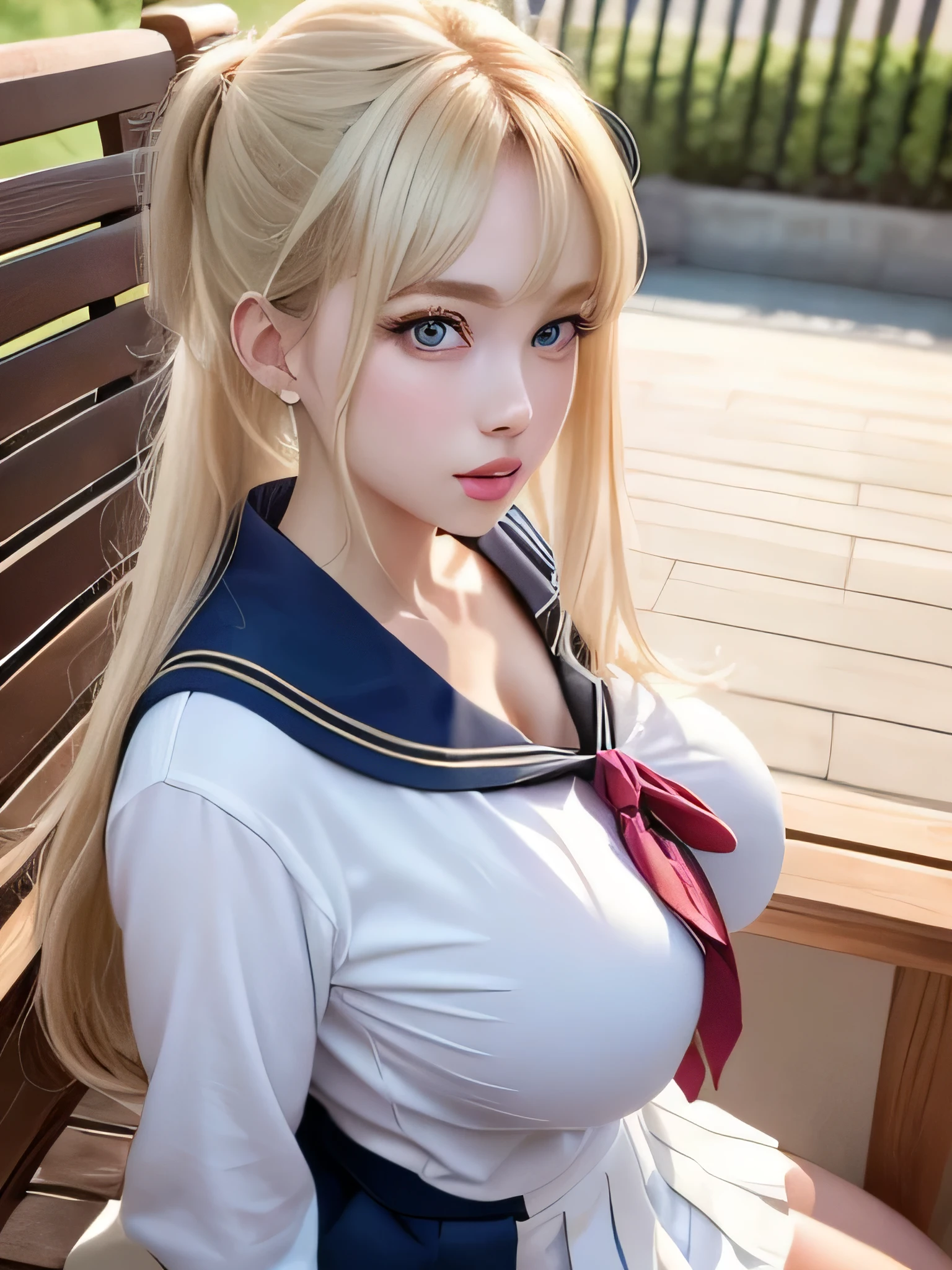 8K,highest quality, table top, Super detailed, 超A high resolution, realistic, Raw photo, absurd, absolute resolution, 1 girl, alone, looking at the viewer,young beautiful japanese woman, super cute face, luxurious appearance, big breasts , long bob hair ,smile,(school uniform:1.3), Glossy lips of lifelong learning, double eyelids in both eyes, natural makeup, long eyelashes, 艶やかで滑らかなライトブラウンのlong bob hair, asymmetrical bangs, shiny skin, center image, High resolution, high detail, detailed hairstyle, detailed face, great movie lighting, octane rendering, lively, 超realistic, perfect limbs, perfect anatomy、very big o cup breasts、well-shaped chest 、show your chest、silky shiny skin、sexy,very beautiful nice face、Cute gorgeous face、gorgeous blonde silky hair、big fancy pale blue eyes、Bangs swaying in front of the face、Beautiful and cute 28 year old girl、、sailor suit、big and full breasts、skin as white as snow,ponytail、mini skirt、Glamour、I can see white pants.、wearing white panties、upper body nude、she spreads her legs wide and flaunts.cherry blossom park、posture of sitting on a bench、非常にbig breastsを見せています、topless、Plump、超Glamour、Are fat、bigfoot、big body、Chubby、beautiful thighs、Low - Angle、Scene looking up from below