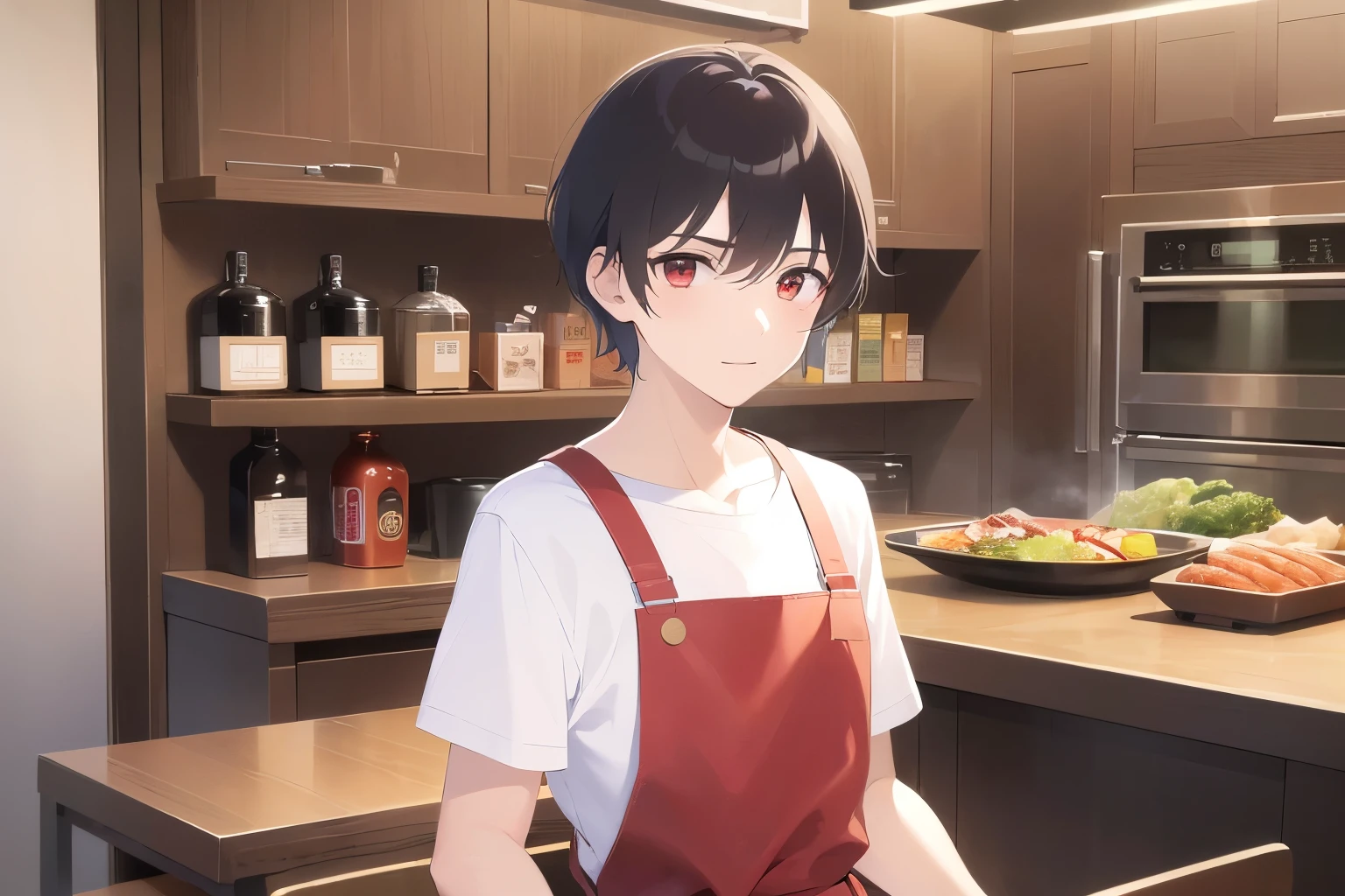 masterpiece、highest quality、(25 year old male:1.5) and (brown short hair) and (red eyes), plain white t-shirt、wearing a red apron、Are standing、smile、The background is an izakaya、(Alone:1.5)、cooking