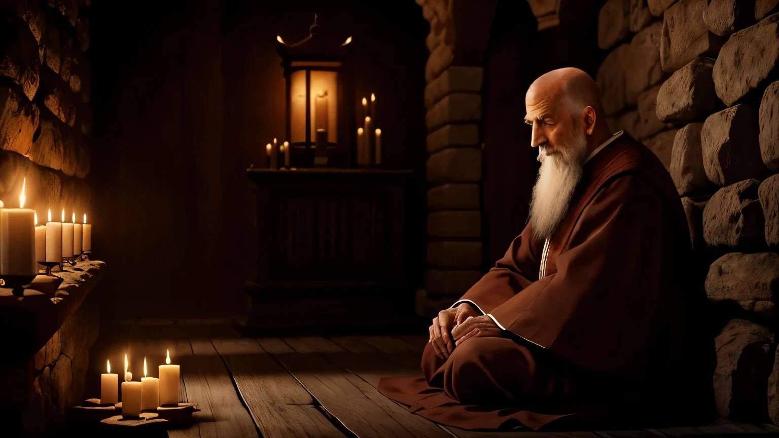 One old man, dressed in monk's robes, deeply contemplative with wrinkles etched across his wise face, sits quietly in the dimly lit temple, surrounded by flickering candles and the faint scent of incense. The atmosphere is serene and moody, the shadows casting intricate patterns on the ancient stone walls. This hyper-realistic, super-detailed image, captured in 8K ultrahigh definition, truly showcases the tranquility and peace of the temple scene.