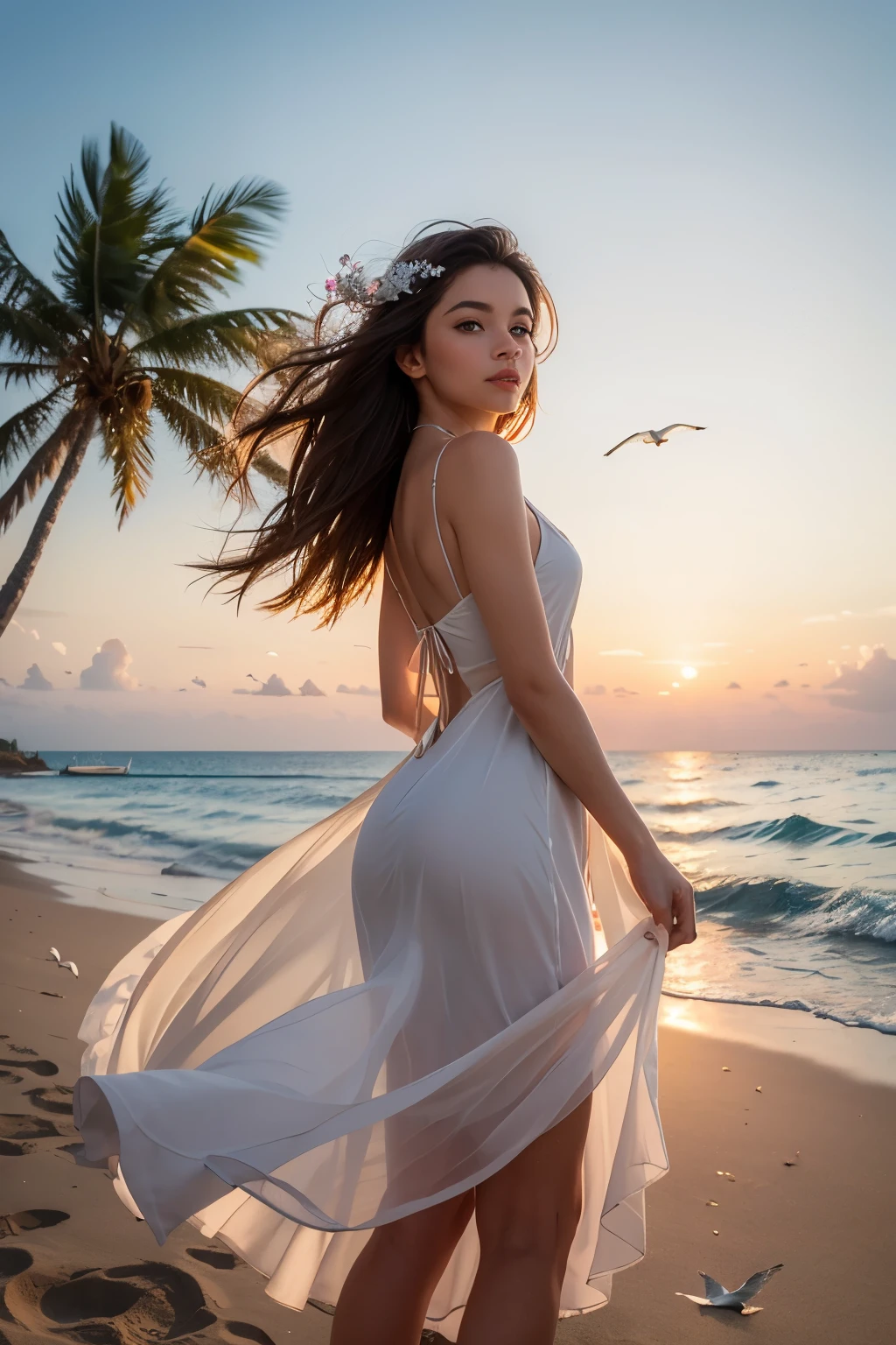 (masterpiece, high resolution, illustration:1.2), radiant young woman in a flowing dress, (graceful and ethereal presence:1.1), (golden sun sinking beneath the horizon:1.2), (gentle sea breeze caressing her cheeks:1.2), (tranquil and secluded beach with palm trees:1.1), (pastel hues painting the sky in shades of pink and orange:1.2), (gentle waves lapping the sandy shore:1.1), (seagulls gliding through the air:1.2), a moment of enchantment and serenity in the idyllic Maldives, artistic details, captivating composition.