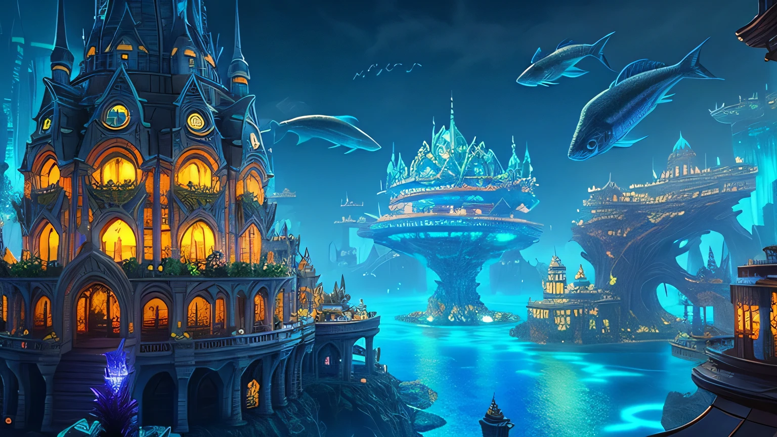 fantasy concept art, transparent buildings、At night, it transforms into a huge aquarium filled with fish.., Beautiful light decoration, wide angle lens, 8K octane rendering, realistic, Epic shots, movie lighting, Detailed architecture, detailed fish, vivid and colorful