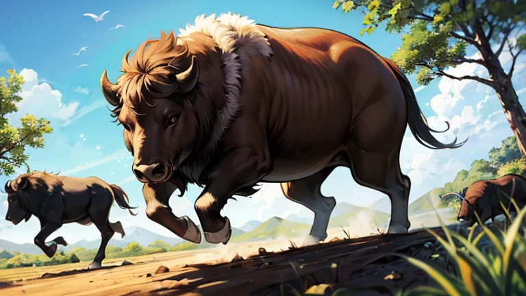 wide angle,best quality,herd of buffalo running,wilderness