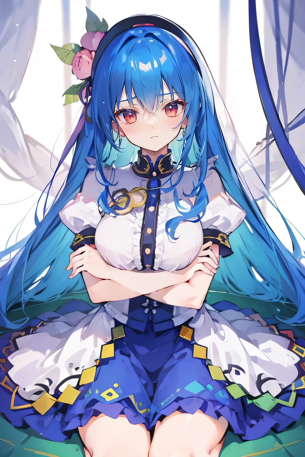 (masterpiece),best quality, expressive eyes, perfect face,sit, sit on ground, legs on the ground, 1girl,
big breasts, H cup, Good breasts, arms crossed, Fair, Gorgeous,japanese manga,girl,Laura,young angel, blue hair, blue haired,tent , tent chest, tent breast, floating clothes