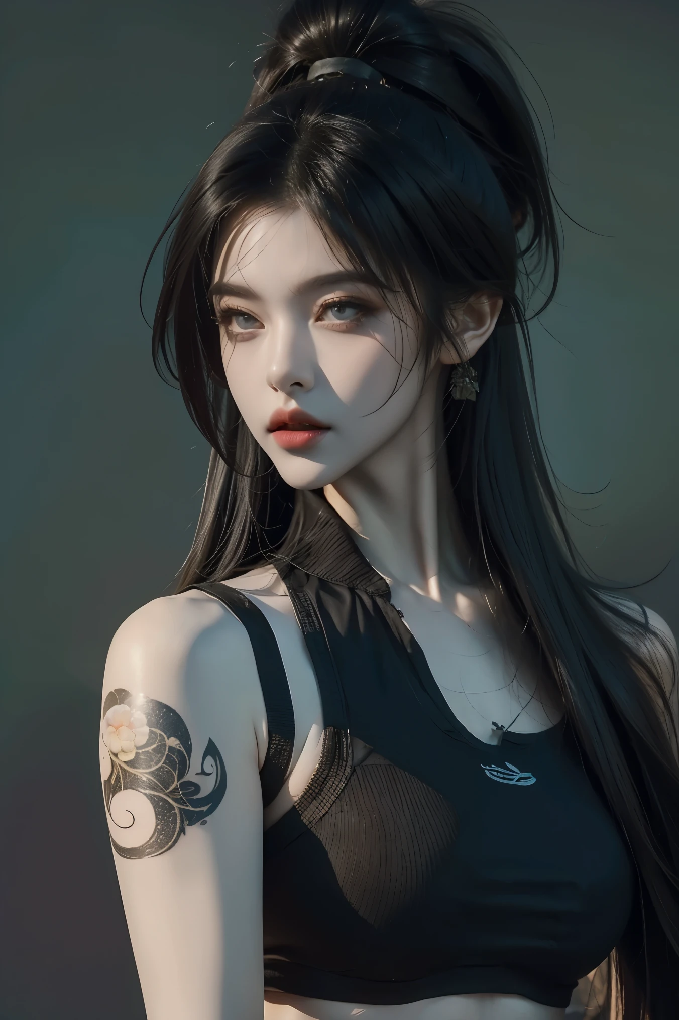 lifelike, high resolution,League of Legends,Akali,high ponytail,high resolution,Original picture,shoulder tattoo,rich background,game design,Filter,dark void,Hollow,light and shadow art,Texture,wallpaper,Character details HD,model effect。background forest,Battle wind。