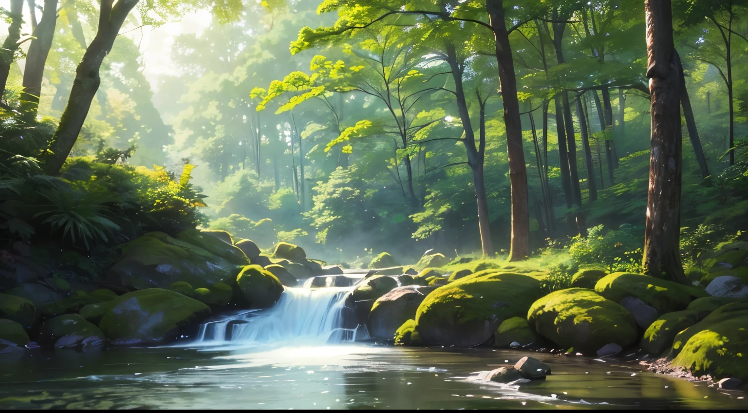 I took a photo of a peaceful moment spent in nature..。wood々Imagine a peaceful landscape bathed in soft morning light.。.。a gentle meandering stream、Surrounded by lush greenery。The overall atmosphere is calm and connected to the natural world.、Highlights the beauty and serenity of outdoor moments。