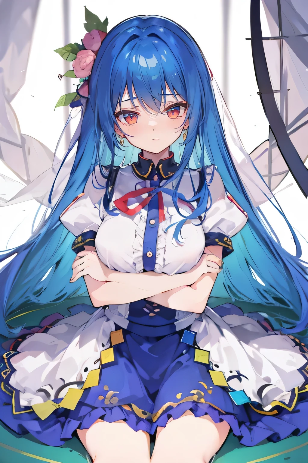 (masterpiece),best quality, expressive eyes, perfect face,sit, sit on ground, legs on the ground, 1girl,
big breasts, H cup, Good breasts, arms crossed, Fair, Gorgeous,japanese manga,girl,Laura,young angel, blue hair, blue haired,tent , tent chest, tent breast, floating clothes