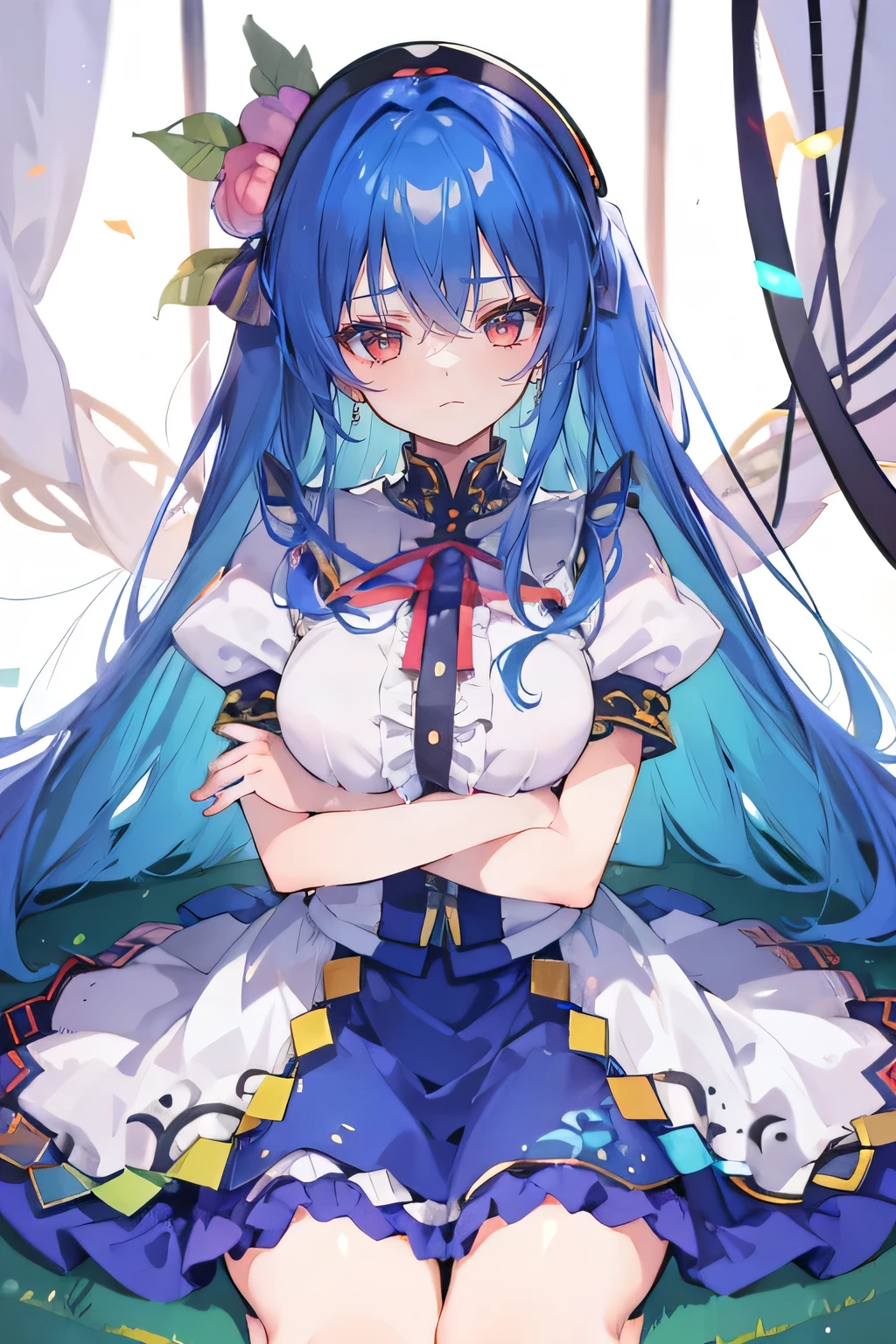 (masterpiece),best quality, expressive eyes, perfect face,sit, sit on ground, legs on the ground, 1girl,
big breasts, H cup, Good breasts, arms crossed, Fair, Gorgeous,japanese manga,girl,Laura,young angel, blue hair, blue haired,tent , tent chest, tent breast, floating clothes
