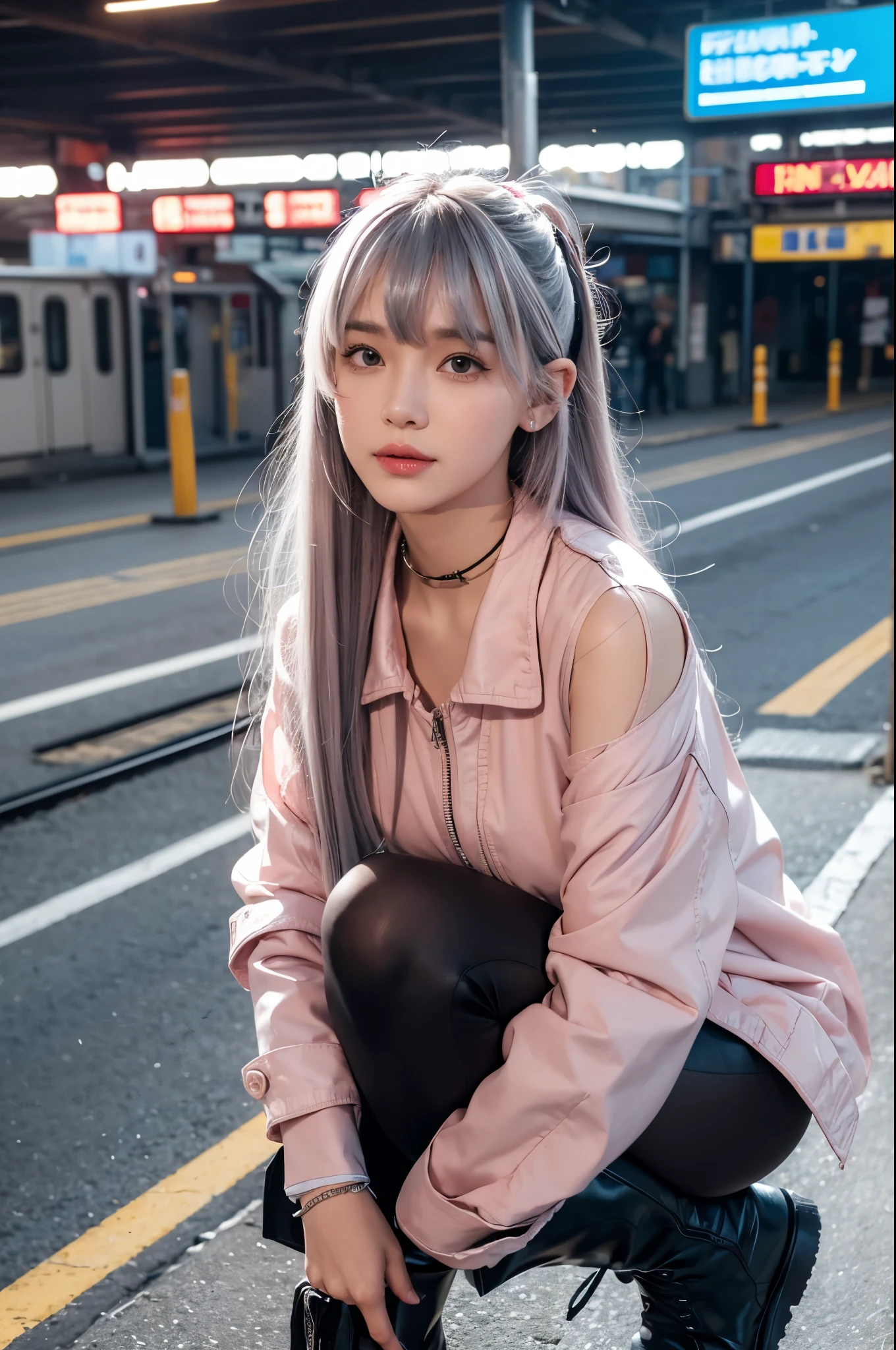 Artworks, super high and high, 8K resolution, accurate facial features, depth is depth of field, a perfect face, girl, only person, SSMILE, long gray hair, pink hair, cross bangs, cross bangs, crossing bangs, crossing bangs, crossing bangs, crossing bangs, crossing bangs. Shair Bangs, Shairband, Shair Band, bracelets, small collar, hoop, ears, pilot sunglasses jackets, red fire -style clothing, knee and boots, ruffled pantyhose, squat down, face the audience, competition, eventide, eventide , Temple, Temple, Railway Station, Fleet, Collection, Movie