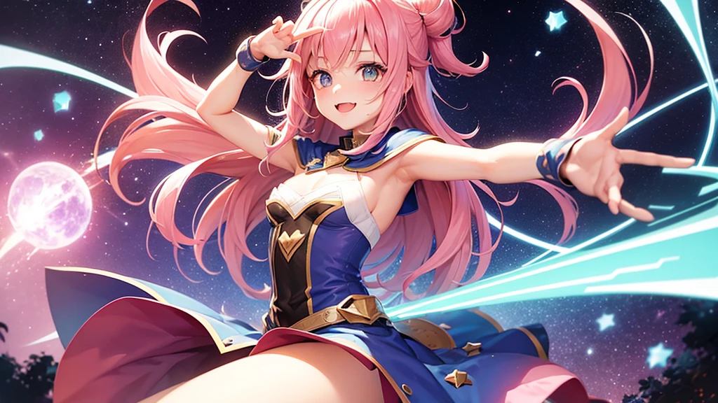 Pink hair,lassen,quadratic element,ed buttyour stomach,Open legs,back to look back,magical girl, detailed face