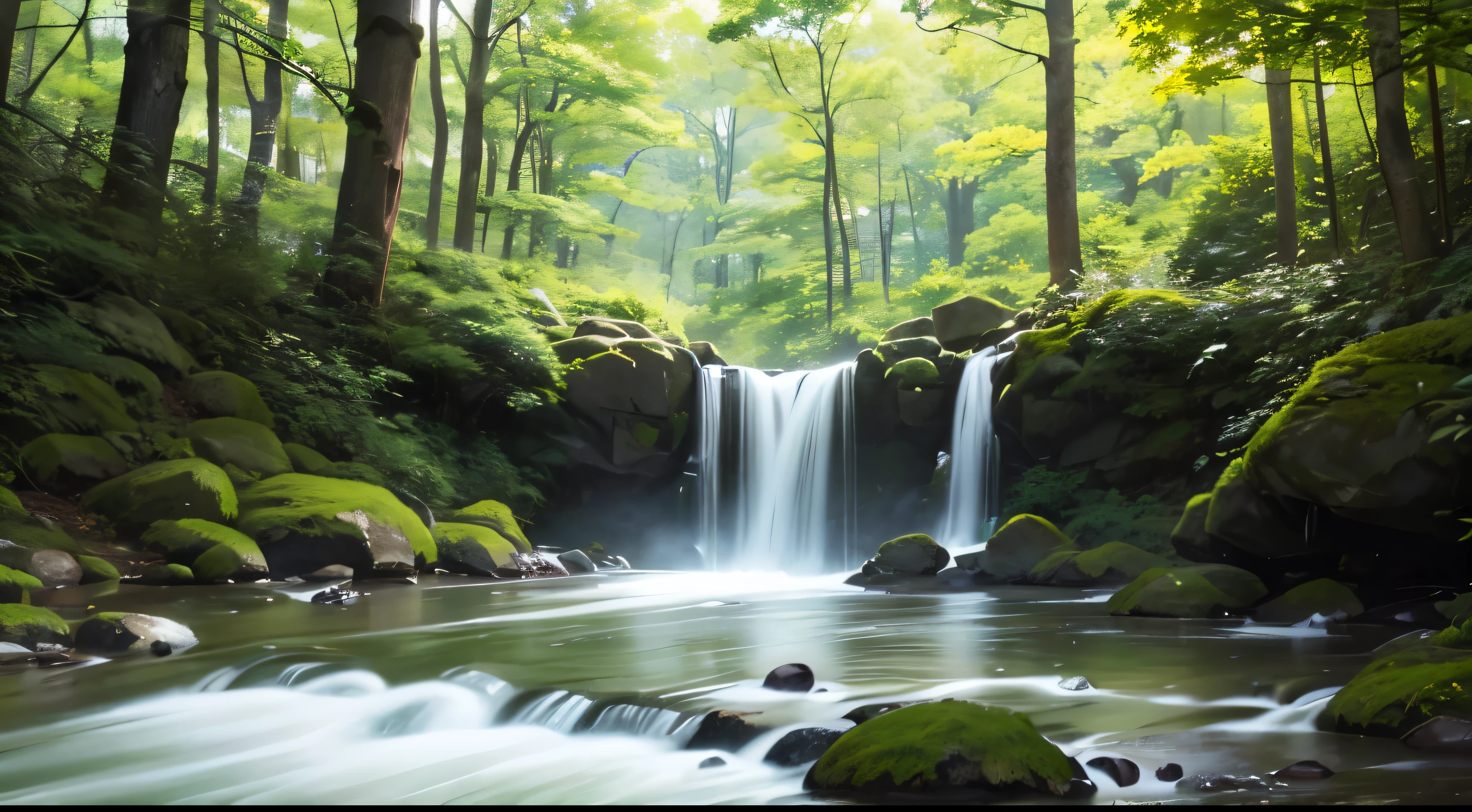 I took a photo of a peaceful moment spent in nature...。wood々Imagine a serene landscape illuminated by soft morning light.。.。gently meandering flow、Surrounded by lush greenery。The overall atmosphere is calm and connected to the natural world.、Highlights the beauty and tranquility of outdoor moments。
