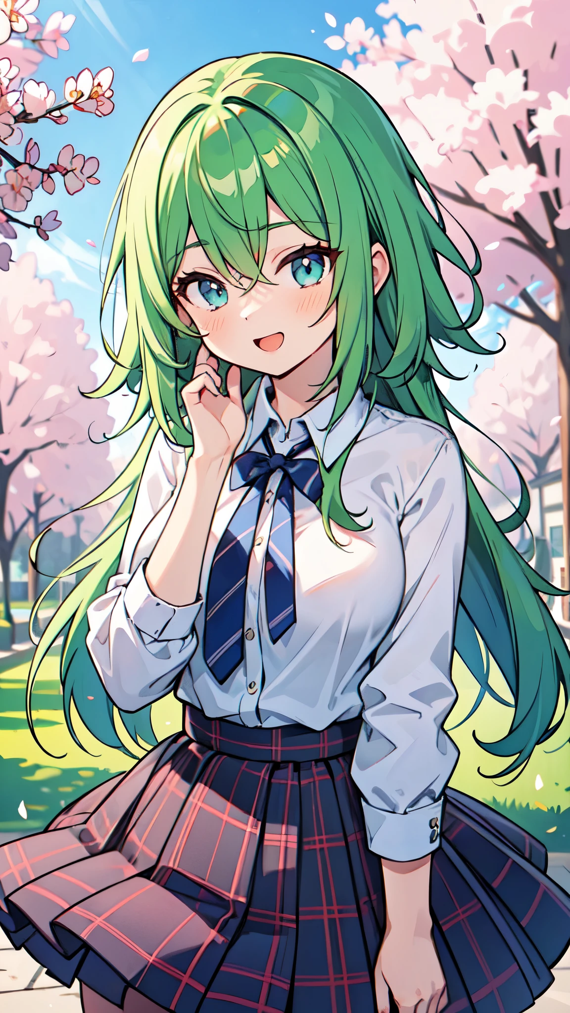 ((A Pretty High School girl with green hair and blue eyes)), ((wearing white collar shirt and plaid skirt)), Baby face, ((master piece, top-quality, ultra-definition, high resolution)), anime girl, ((ultra-detailed illust:1.2)), only one person, bangs, hair between eye, beautiful hair, Beautiful eyes, Medium breasts, Big smile, opened mouth, cherry trees, schoolyard, ((raise a hand))