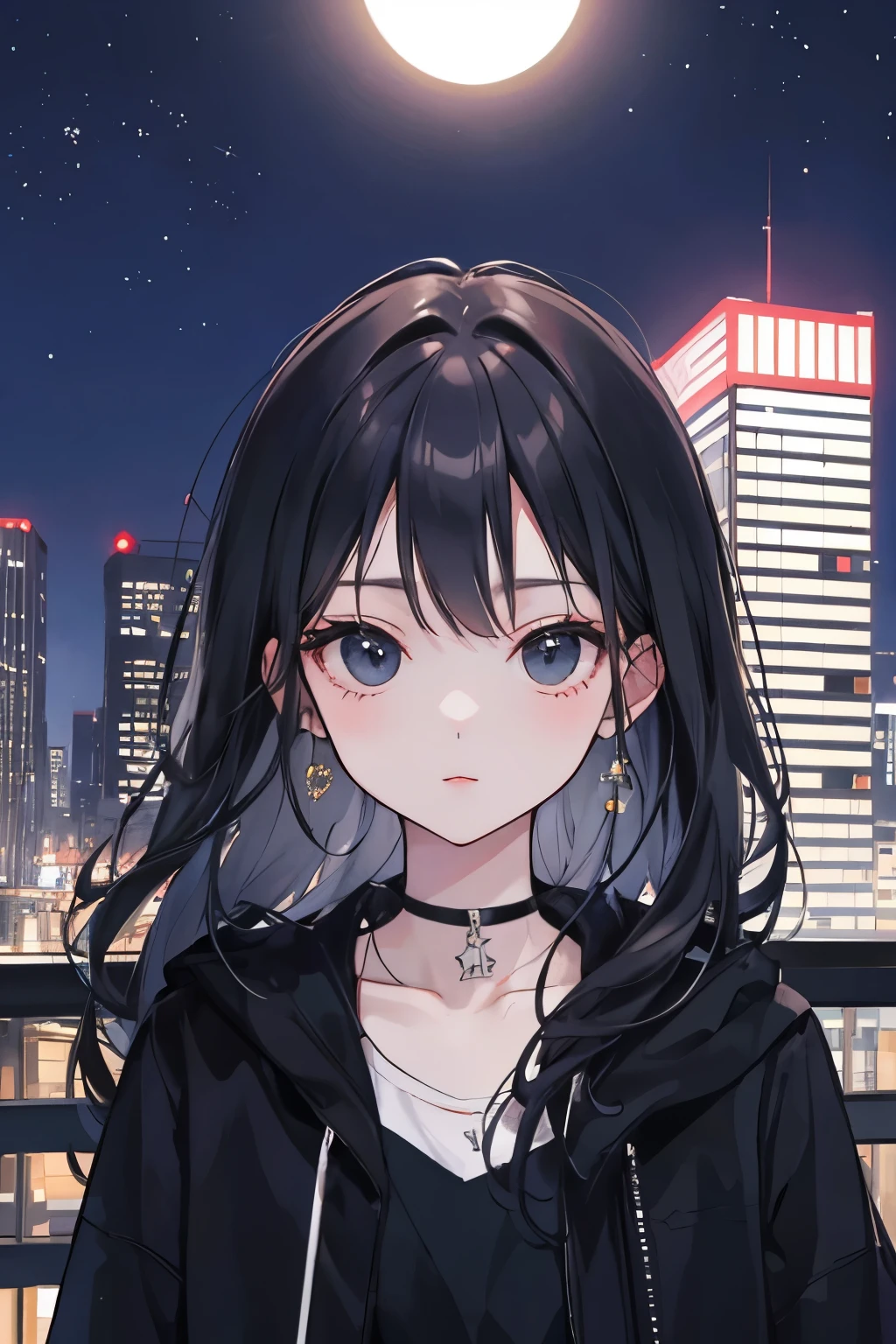 black,girl,cute,3✕3の目,black eyes,night view,city,Are standing,