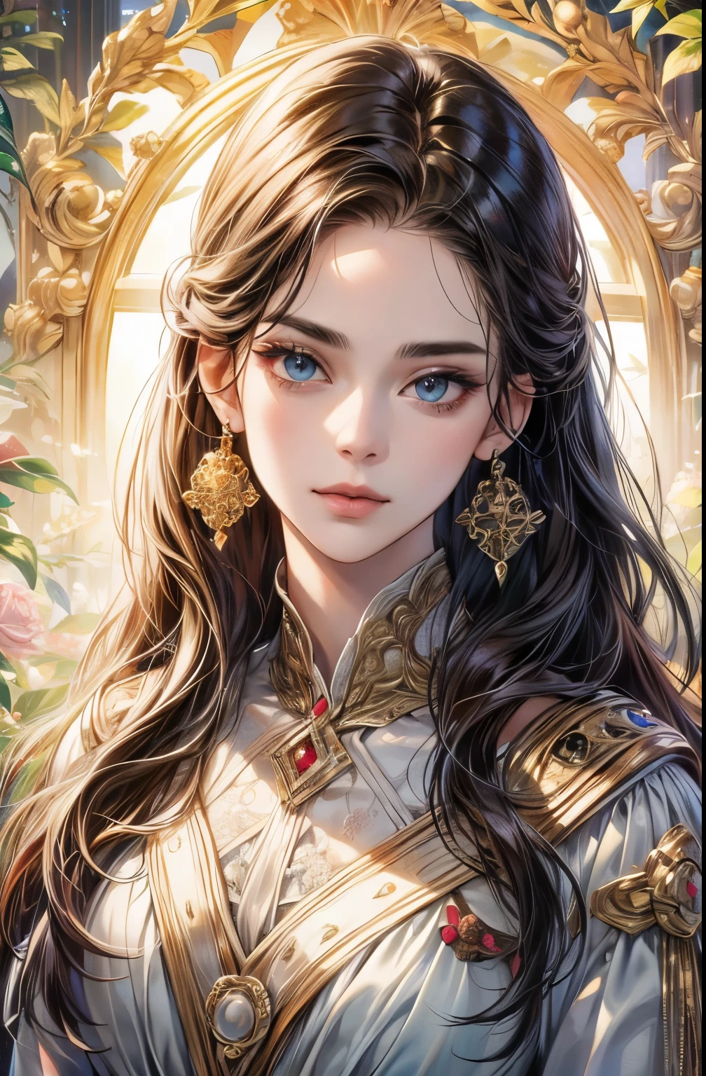 (best quality,4k,8k,highres,masterpiece:1.2), ultra-detailed, (realistic,photorealistic,photo-realistic:1.37), long-haired woman, portrait, fair-skinned, symmetrical eyes, intricate eyes, sparkling violet eyes, gold intricate hair accessory, mosaic floral pattern background, spotlight, high contrast, attention-grabbing shadows, detailed shadows, immaculate craftsmanship, masterpiece, top-quality, top-notch image quality