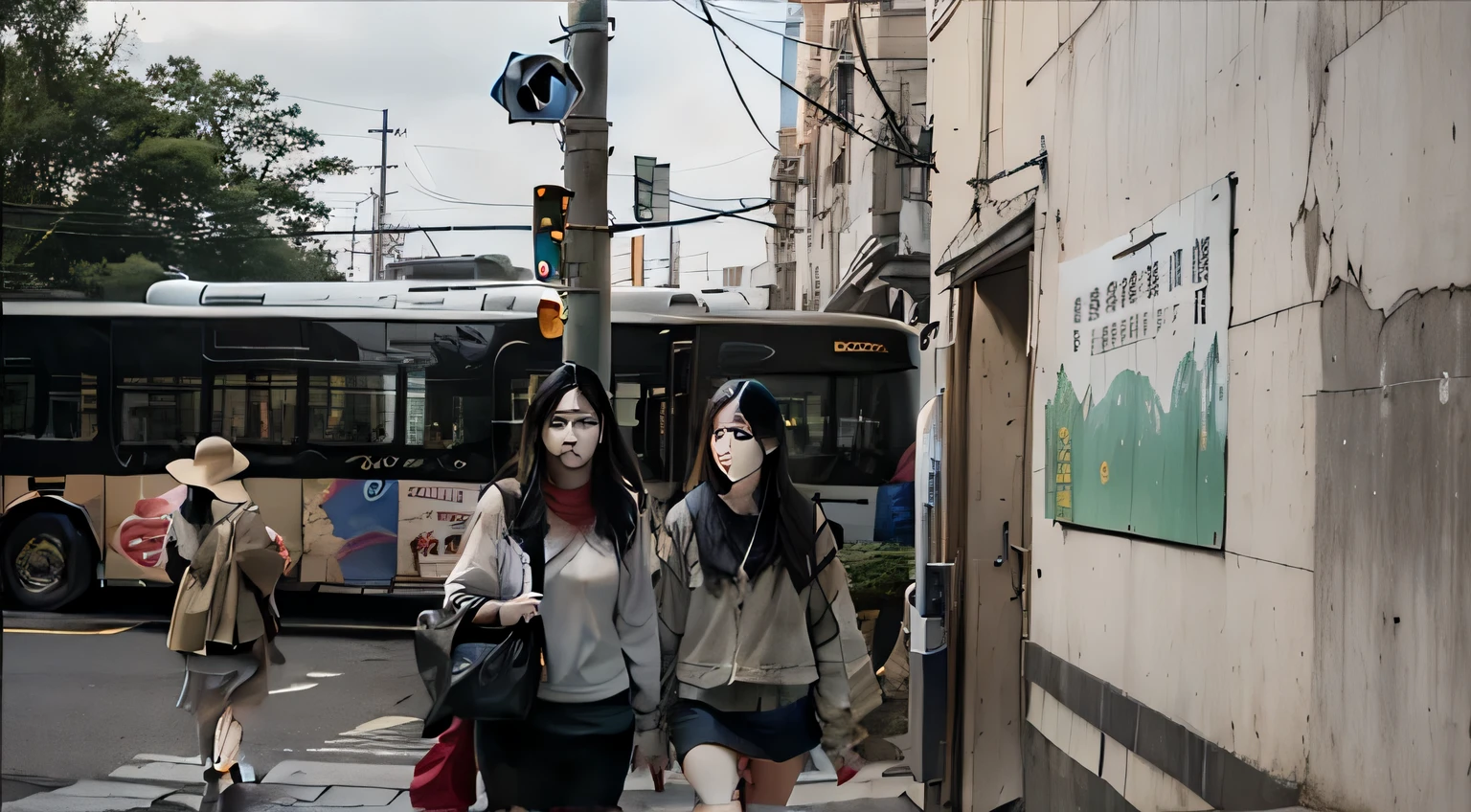 Two women walking on the street in front of the bus, Inspired by Zhang Xiaogang, subtitle, Ruan Jia and Fenghua Zhong, Movie screenshots, on city streets, on a street, still from live action movie, on city streets, on a street, with subtitle, two girls, Still in the movie