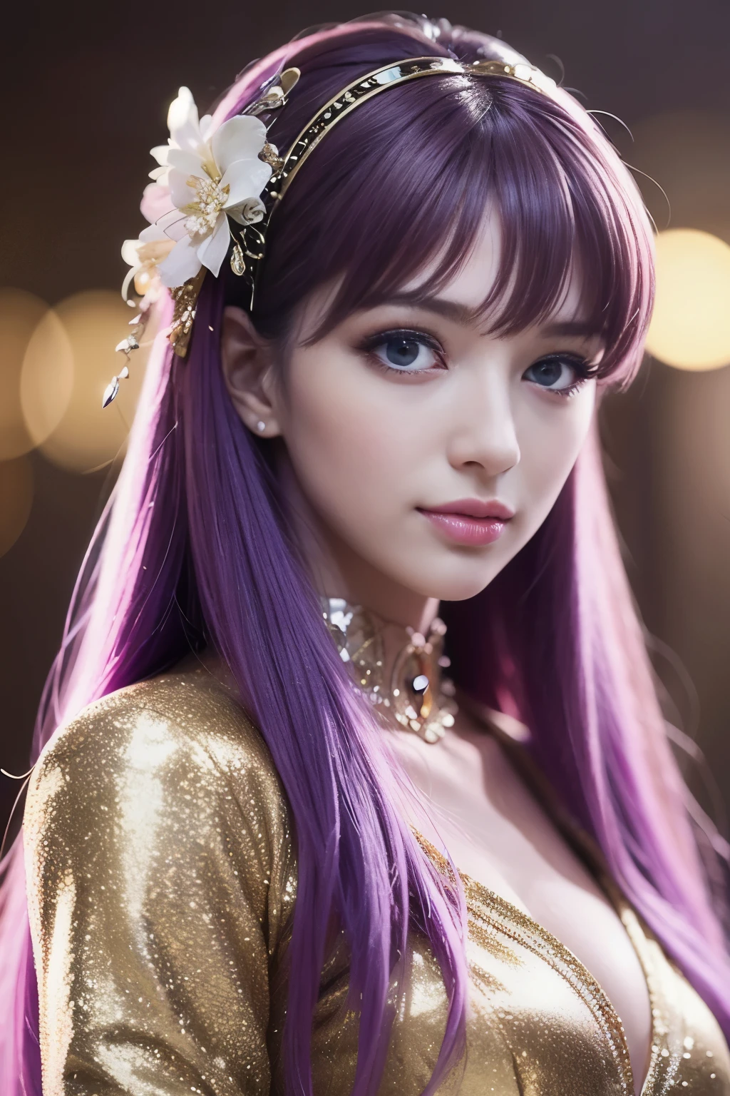 masterpiece、1 beautiful girl、fine eyes、smile、puffy eyes、highest quality, 超High resolution, (reality: 1.4), movie lighting、Japanese、asian beauty、Korean、super beautiful、beautiful skin、body facing forward、(超reality的な)、(High resolution)、(8k)、(very detailed)、(美しくfine eyes)、(Super detailed)、 (wall-)、detailed face、bright lighting、professional lighting、looking at the viewer、look straight ahead、slanted bangs、perfect cosplay,木戸Saori, athena,bright purple hair,Are standing, alone, big_chest, Saori_No sleeve_white_dress, Saori_accessories, staff_nod, masterpiece, highest quality, detailed face, fine eyes, High resolution,
