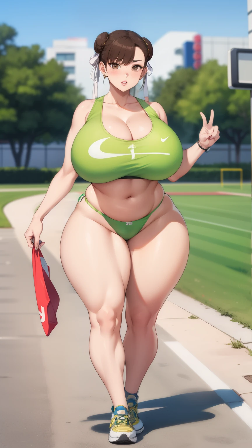 Chunli, 1 girl, ((at last))), perfect face, perfect eyes, looking at the viewer, short hair, brown hair, plump lips, thick lips, wide hips, thick thighs, Longing face, huge natural breasts, cleavage, mature mom, (often play sports), (sports short), looking at the viewer, brown eyes, outdoor, Tokyo, belly button, strong legs, full body shot,