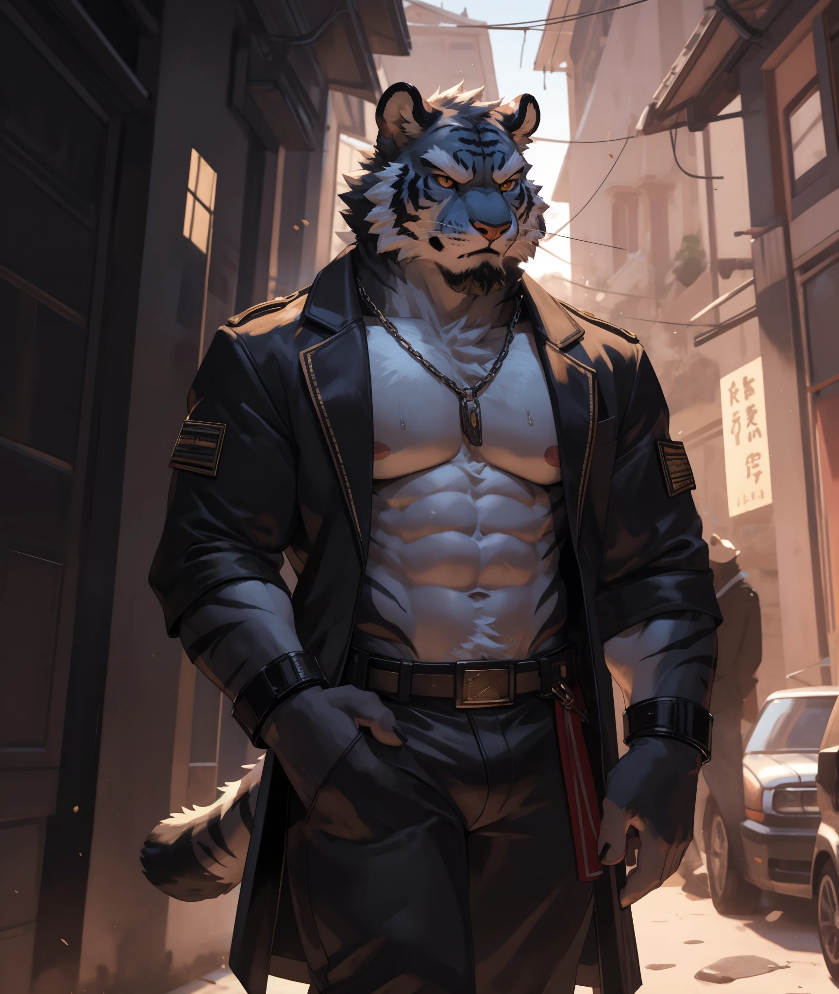 Best quality, masterpiece,ultra high res,detailed background,realistic, real shadow and light,depth of field, (View from beside), Tiger, Close-up View, SFW, Open shirt, unbutton shirt, Camouflage suit, male, adult, elder, 40years, Sexybody, muscular, Hunky, sweat body, mouth open, fangs, angry face, bad boy, close-up, details skin, Big crotch, black glove.