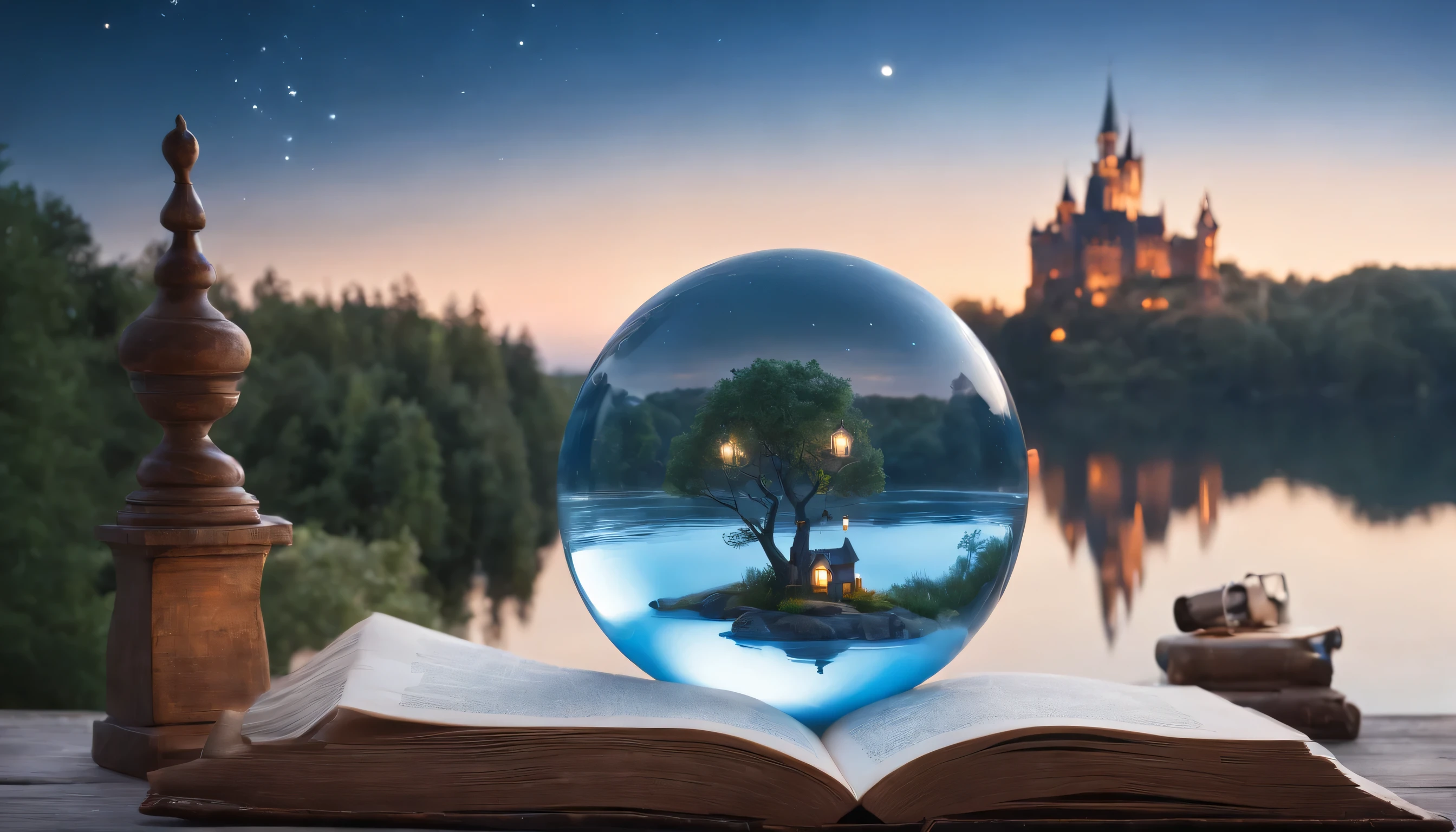 An island surrounded by water and a crystal ball with magical light inside., Floating above the table with books, Glasses, pencil, and other objects. The background features a starry sky and a castle based on blue.. In one hand is a wizard's hat. beautiful, A dreamlike atmosphere that captures magical realism. Magic realism style high resolution photo. highest quality