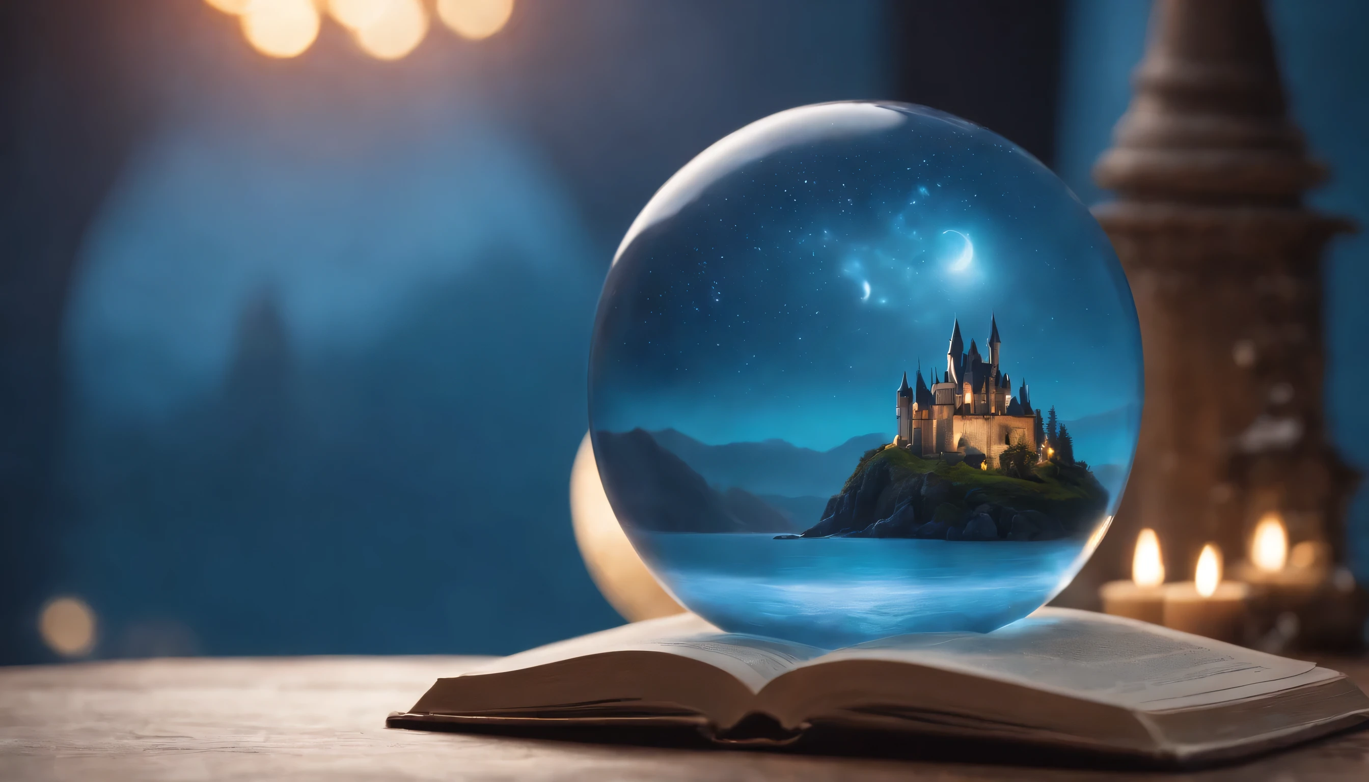 An island surrounded by water and a crystal ball with magical light inside., Floating above the table with books, Glasses, pencil, and other objects. The background features a starry sky and a castle based on blue.. In one hand is a wizard&#39;s hat. beautiful, A dreamlike atmosphere that captures magical realism. Magic realism style high resolution photo. highest quality