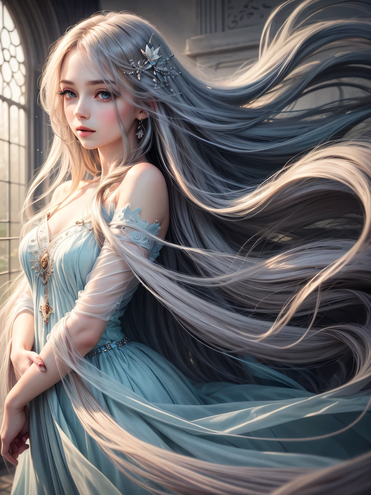 beautiful detailed eyes, long flowing hair, elegant dress, soft natural lighting, vibrant colors, dream-like atmosphere, misty surroundings, serene expression, whimsical elements, (magical, ethereal:1.2)