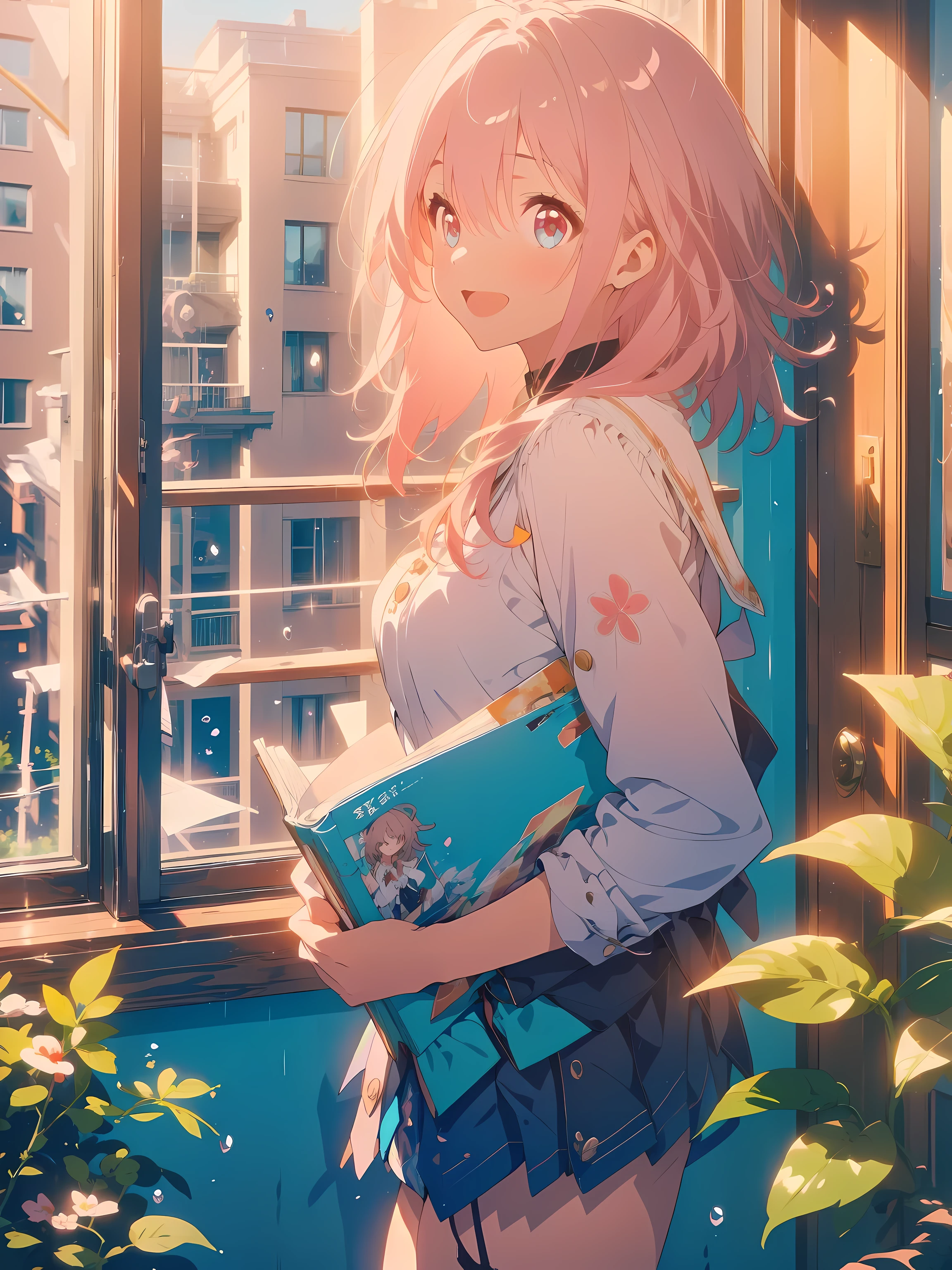 ((masterpiece,best quality)), 1girl, march7th, single glove, black heels, depth of field, night, smile, open mouth, from side, floating hair, ((rainy day)), (water on window), cozy apartment with plants, a woman reading a book, cozy bean bag chair, pajamas, detailed face