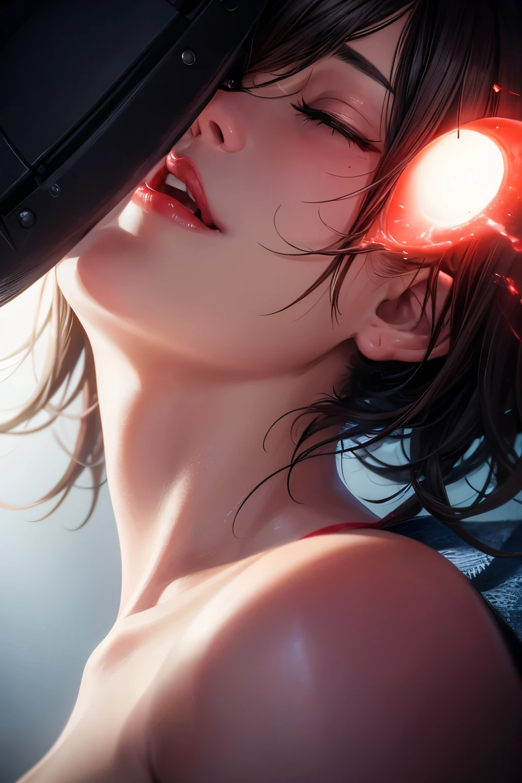 Woman, casual clothing, eyeliner, red lips, NSFW, sperm, salivating, orgasm, closed eyes, background, Surrealism, cinematic lighting, close-up, UHD, ccurate, masterpiece, textured skin, super detail, high quality