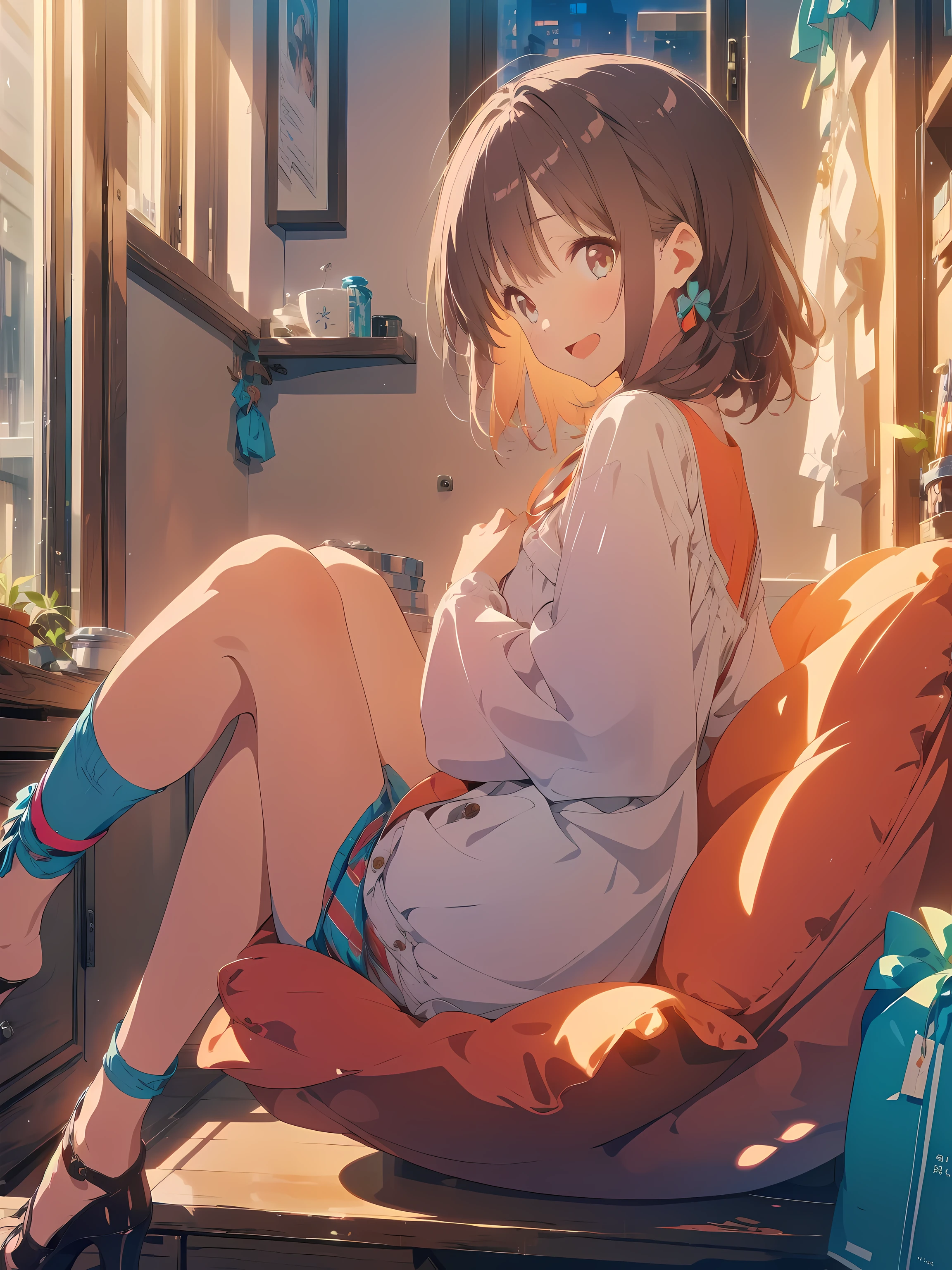 ((masterpiece,best quality)), 1girl, march7th, single glove, black heels, depth of field, night, smile, open mouth, from side, floating hair, ((rainy day)), (water on window), cozy apartment with plants, a woman reading a book, cozy bean bag chair, pajamas, detailed face