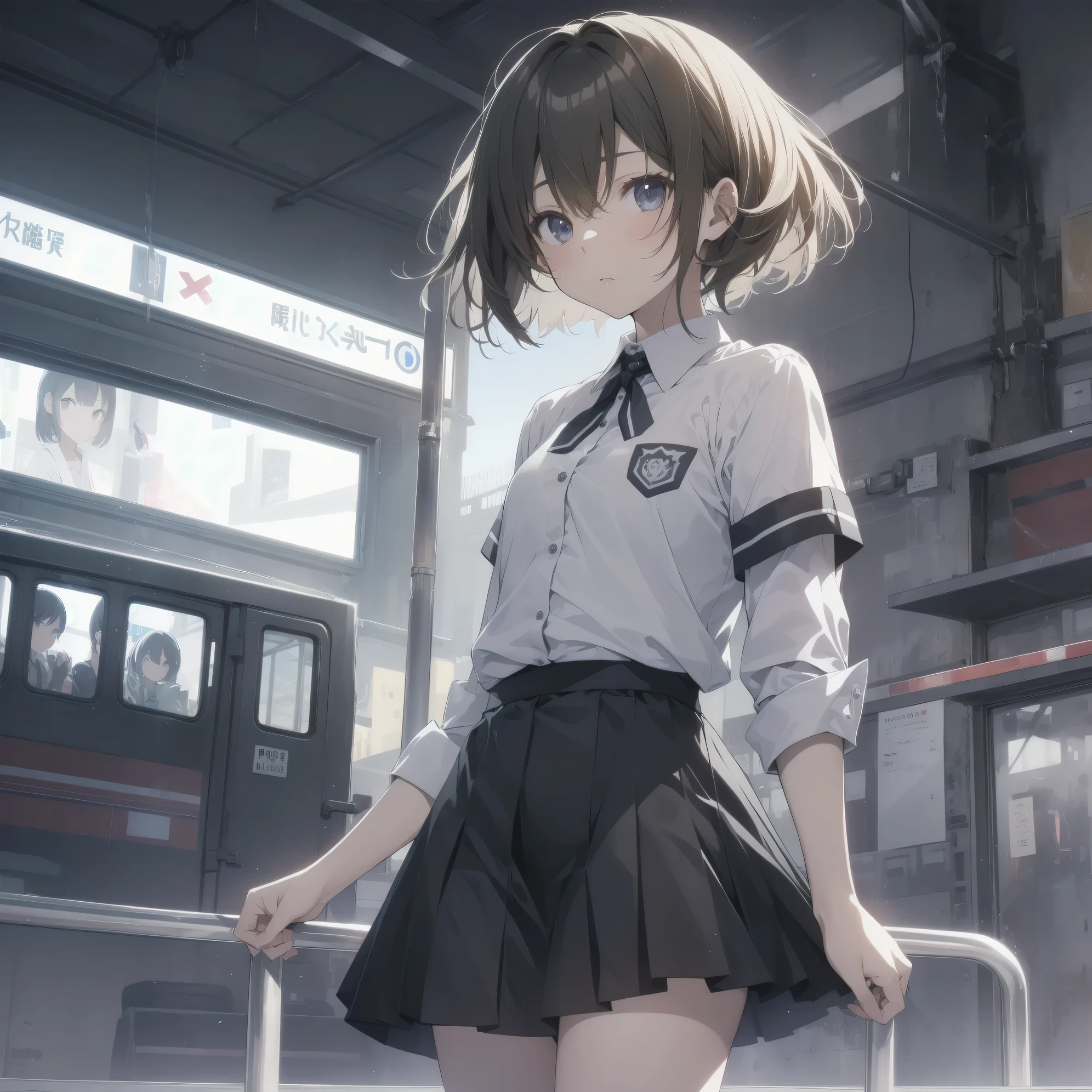Super Absurd - Top Quality from the God of Art, Super detailed, High resolution, anime moe art style, cute girl portrait, best anime 8K konachan wallpaper, Pixiv contest winners, perfect anatomy,break, (眠そうにalone学校へ行く女の子を描いてください. )break,1 girl, (alone,little woman, 13 years old:1.3),All limbs, full finger,, The charm of an immature body, (very short hair), shortcut, flat chest, , small ass, between legs, small black eyes, detailed and beautiful eyes, Well-proportioned iris and pupils, expressive eyes, High resolutionの詳細な髪, yawn, neck ribbon, shirt, collared shirt, skirt, pleated skirt, , (detailed lighting), (detailed background), On the way to school. break,super dense skin, Best cinematic lighting powered by famous artist, 8K,Beauty Illustration,photoshop_(Moderate),Absurd Hi-Res,UHD,rough skin,break,((artist:kantoku)), artist:dark black,artist:shinkai makoto,artist:sekiya asami,artist:Fujiyama,