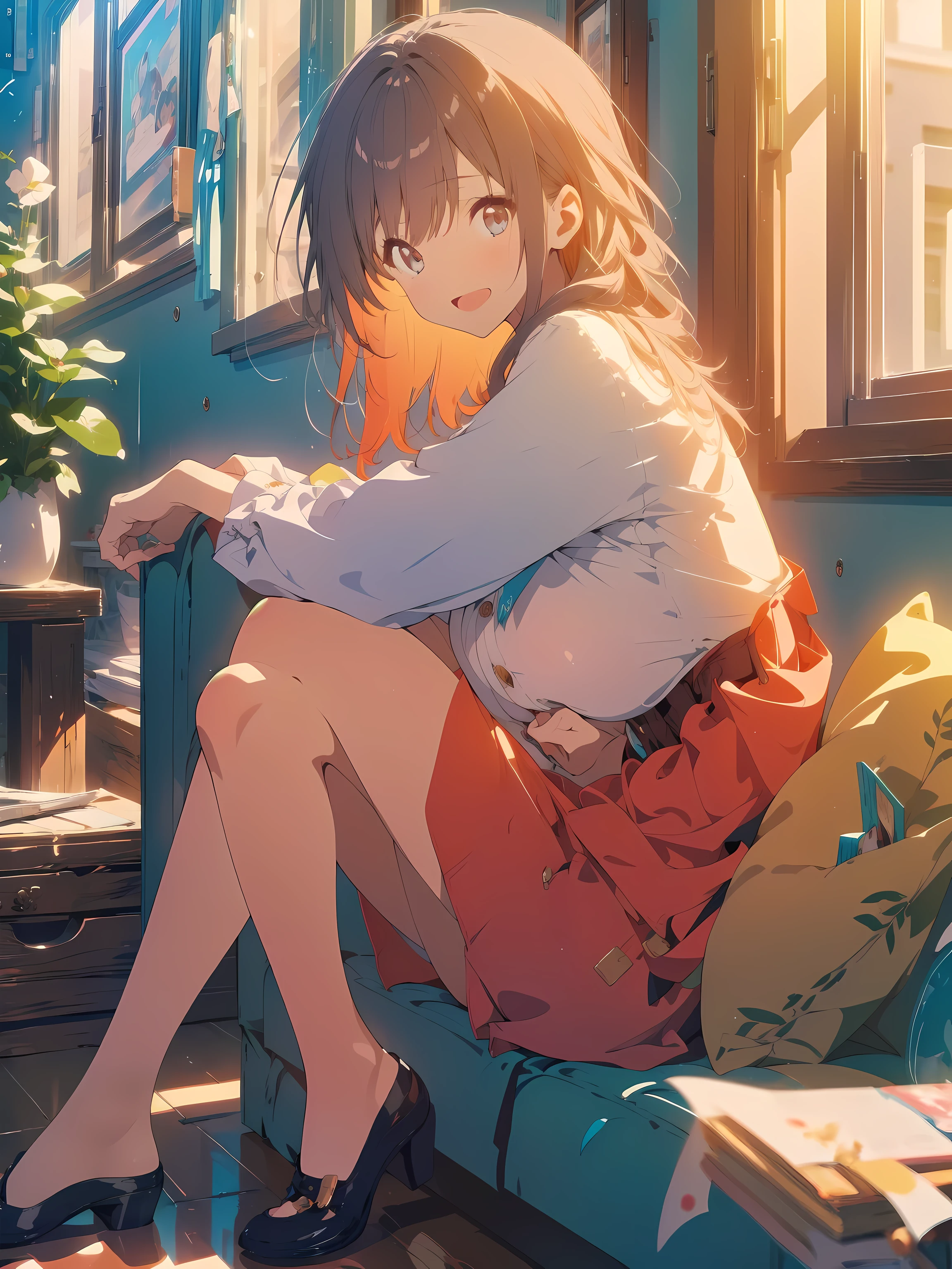 ((masterpiece,best quality)), 1girl, march7th, single glove, black heels, depth of field, night, smile, open mouth, from side, floating hair, ((rainy day)), (water on window), cozy apartment with plants, a woman reading a book, cozy bean bag chair, pajamas, detailed face