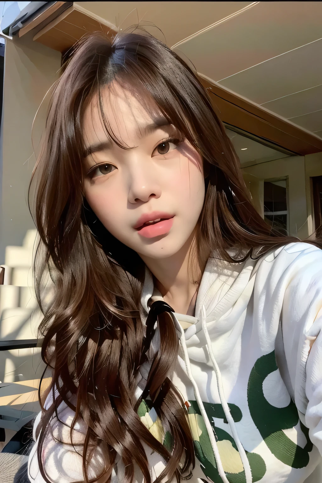 a close up of a woman with long hair wearing a hoodie, ulzzang, bae suzy, 🤤 girl portrait, lalisa manobal, young adorable korean face, jaeyeon nam, with bangs, young cute wan asian face, wan adorable korean face, lalisa manoban of blackpink, korean girl, blackpink jennie, jinyoung shin, center parted bangs