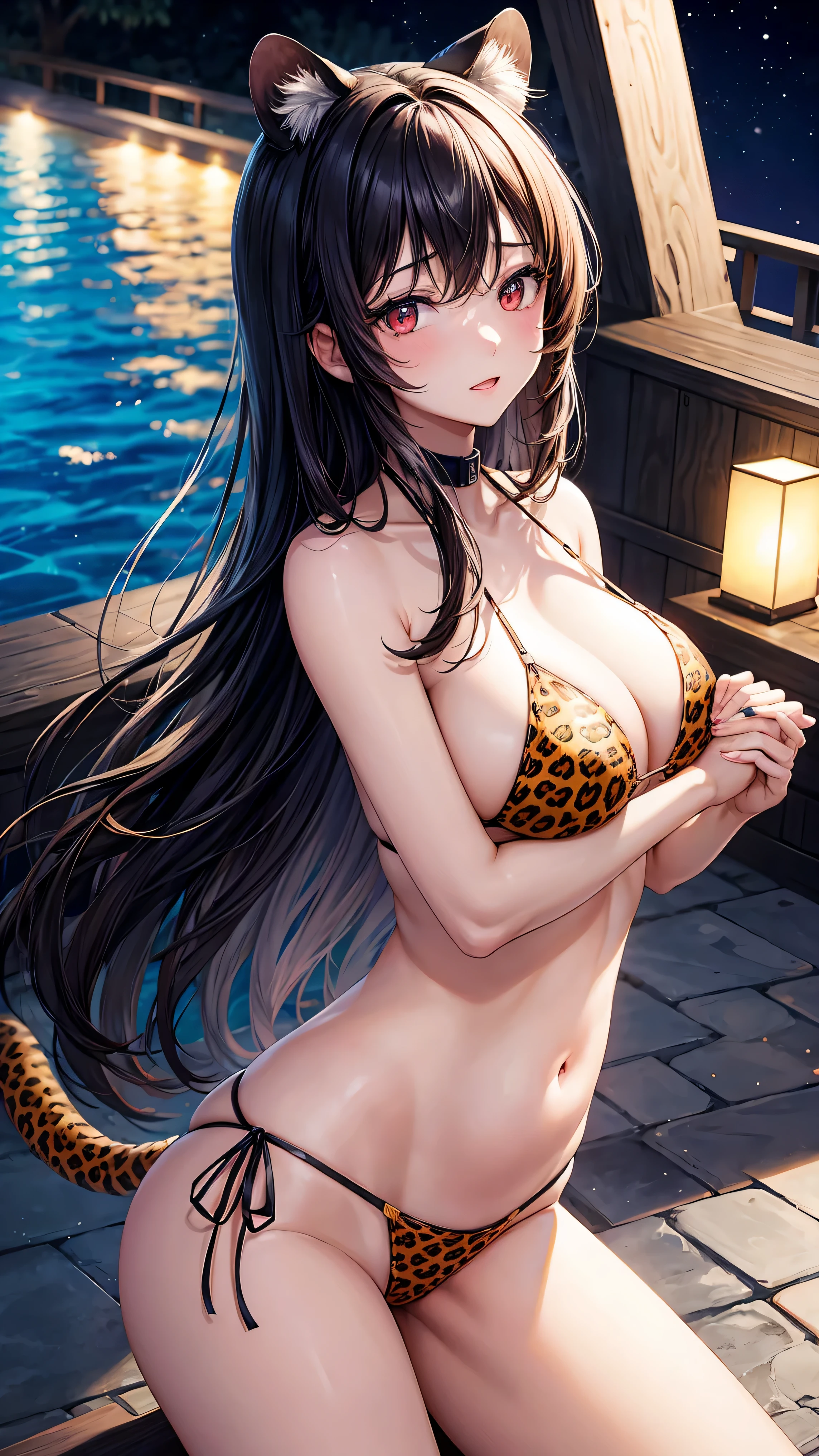 top-quality、1girl in:1.8,A dark-haired、Longhaire、Red Eyes、Red cheeks、Embarrassed expression、Leopard print bikini:1.4、huge tit:1.1,Constriction:1.2、Thin leg:1.3、light skinned、Put your hands on your face、View here、Angle from diagonally above、natta、dark ilumination、Night Pool、in poolside、Standing position、