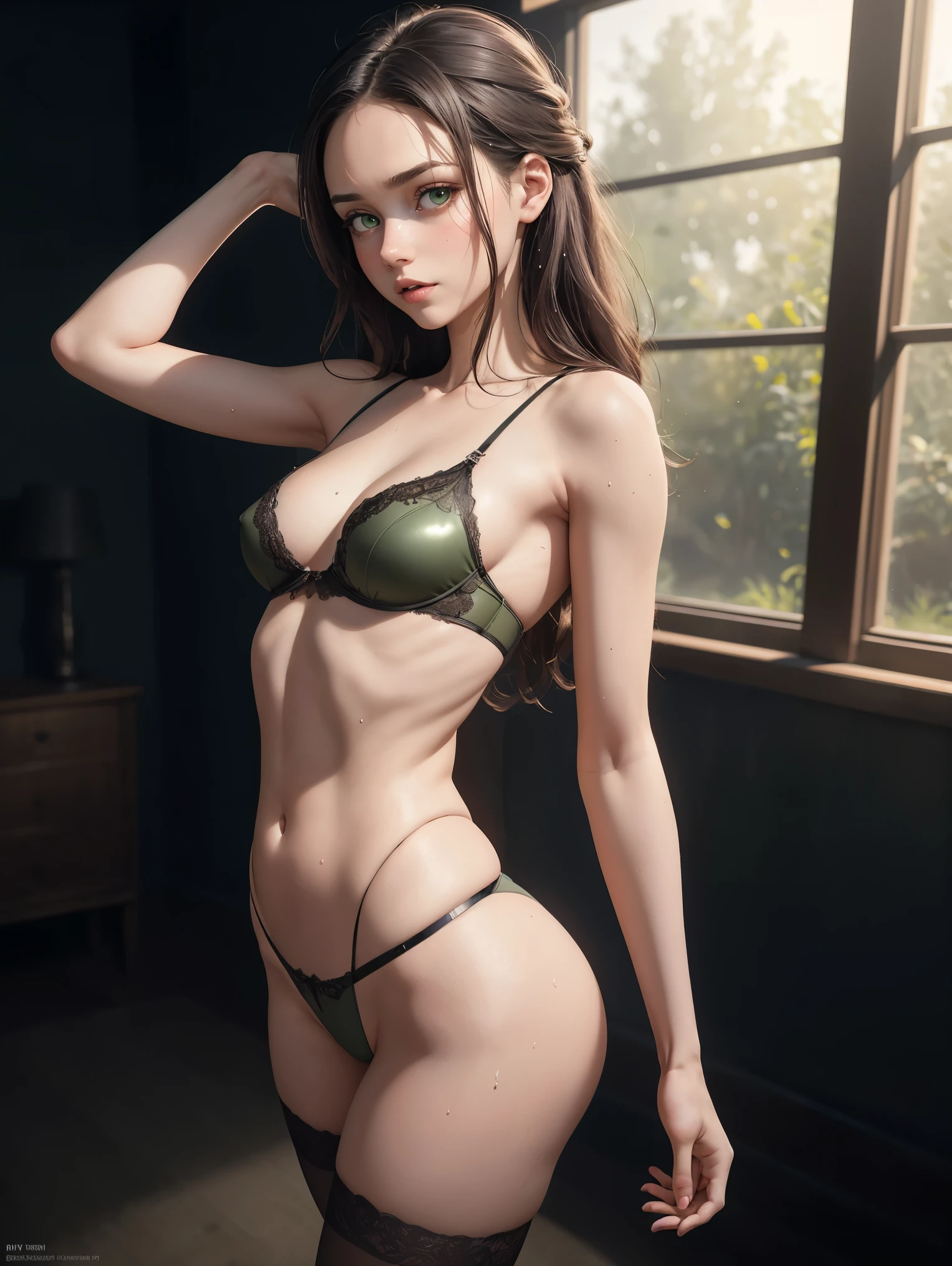 (whole body:1.5),octane rendering, 8K, best quality, masterpiece, illustration, extremely delicate and beautiful, detailed,extremely detailed,CG,Unite,wallpaper,Astonishing, fine details, realistic art: 1.2 ,masterpiece, best quality, official art, extremely detailed CG Unite 8K wallpaper,1 girl,  ,  skinny body, facing away from camera, looking back over shoulder, wearing lingerie and stockings, stretching pose,  green eyes, dark brown hair, widows peak, pretty symetrical face, shiny wet skin, pale complexion, thin waist, narrow hips, long legs, skinny body, small breasts, Looking off to the side , Realistic photos, (hiqcgbody) ,perfect female figure, dark indoor background