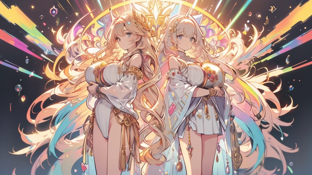 highest quality,ultra hd,be familiar with,number々Awards for,light,delicate hair,Eye for detail,background art,gold accents,be familiar withlight,clear eyes,はじけるようなlight,colorful,リムlight,rainbow light, jewel-like hair, shining eyes,  amazing hair,, eye-catching skin, fine decoration, skimpy clothing,gold hair ornament,Creative,fluffy hair,Artistic,official art,creative color use,challenging,race,luminous background,Super detailed,fluffy hair,long hair,