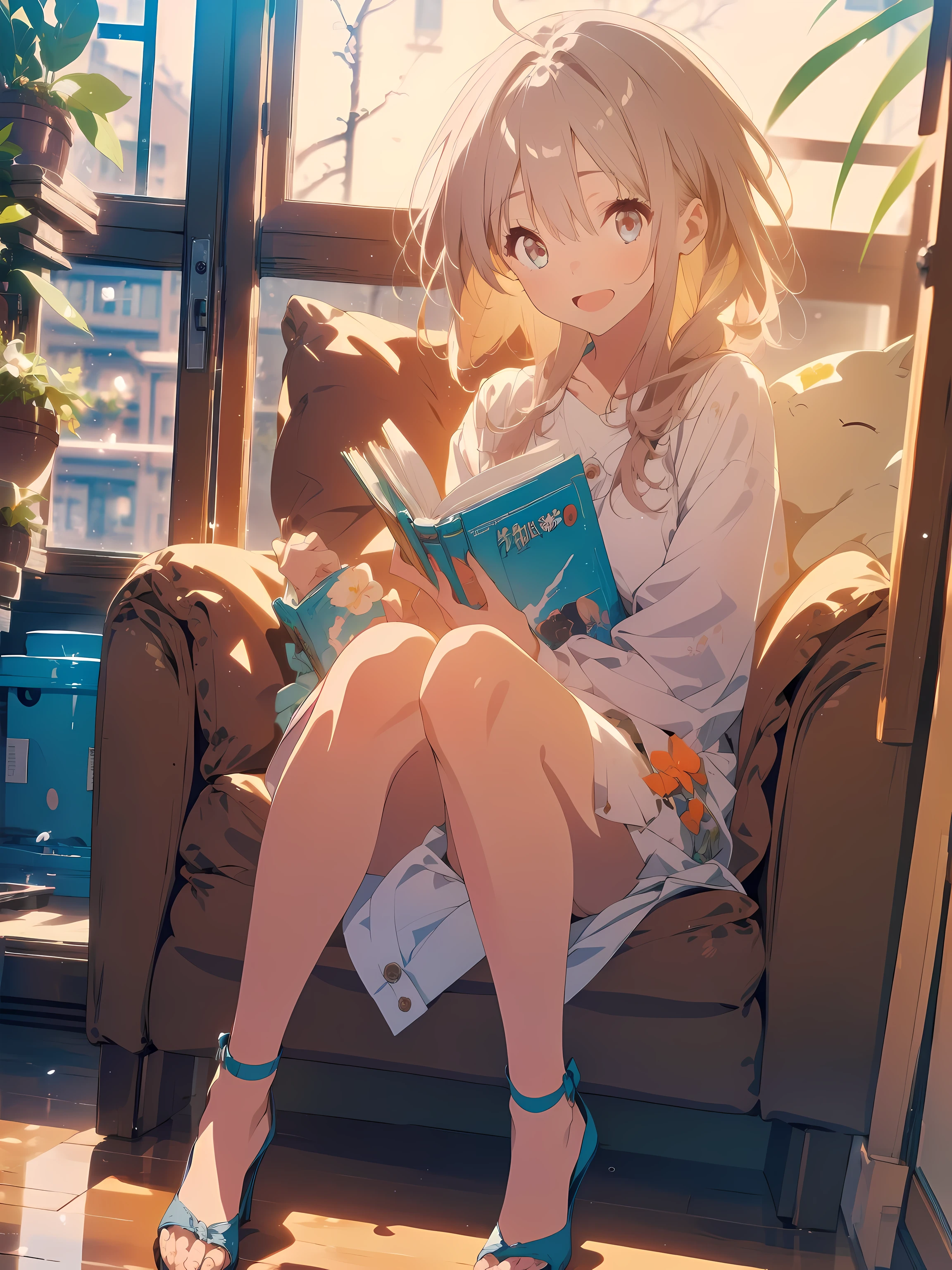 ((masterpiece,best quality)), 1girl, march7th, single glove, black heels, depth of field, night, smile, open mouth, from side, floating hair, ((rainy day)), (water on window), cozy apartment with plants, a woman reading a book, cozy bean bag chair, pajamas, detailed face