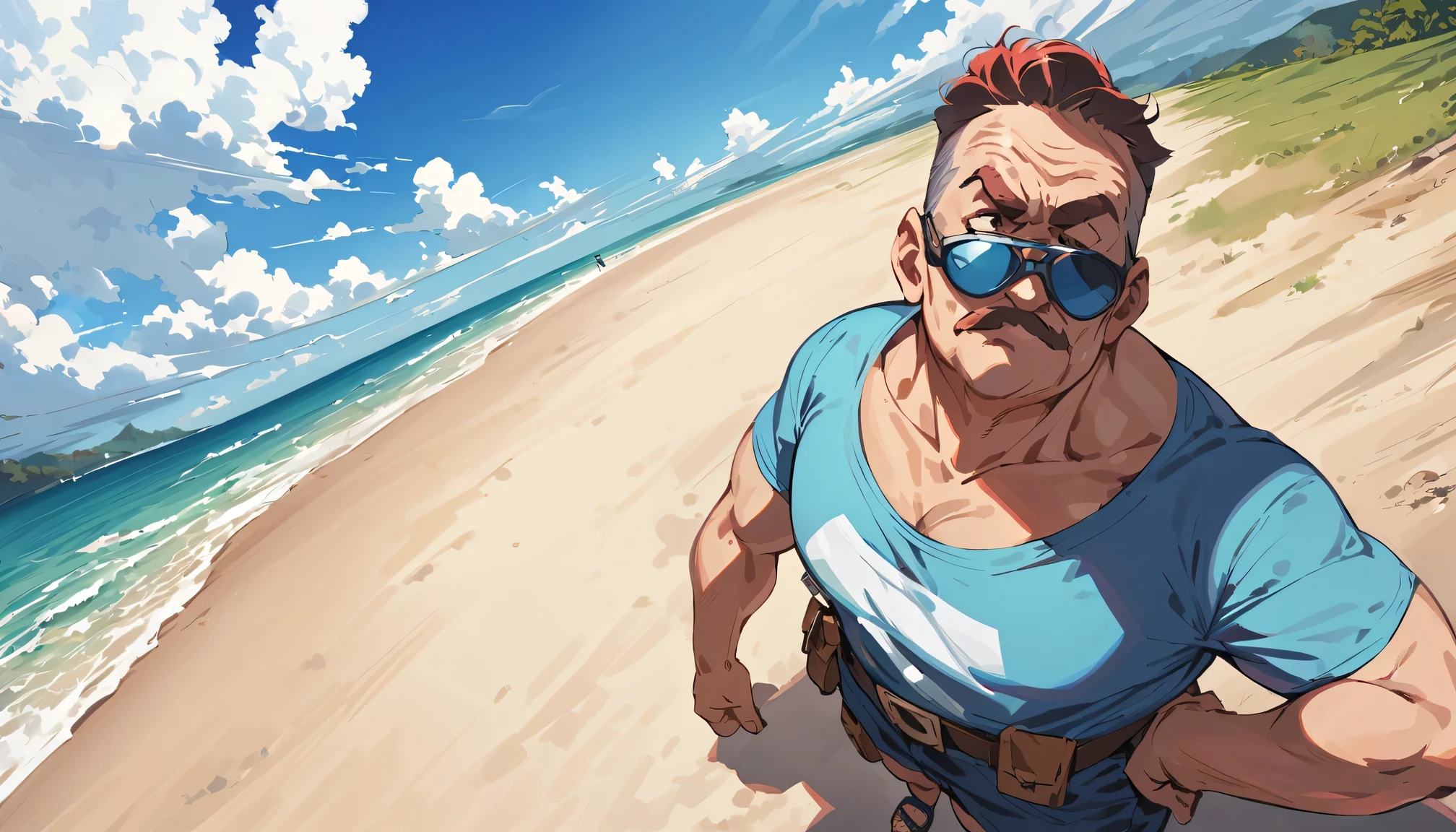 Super wide angle painting of a person walking on the beach