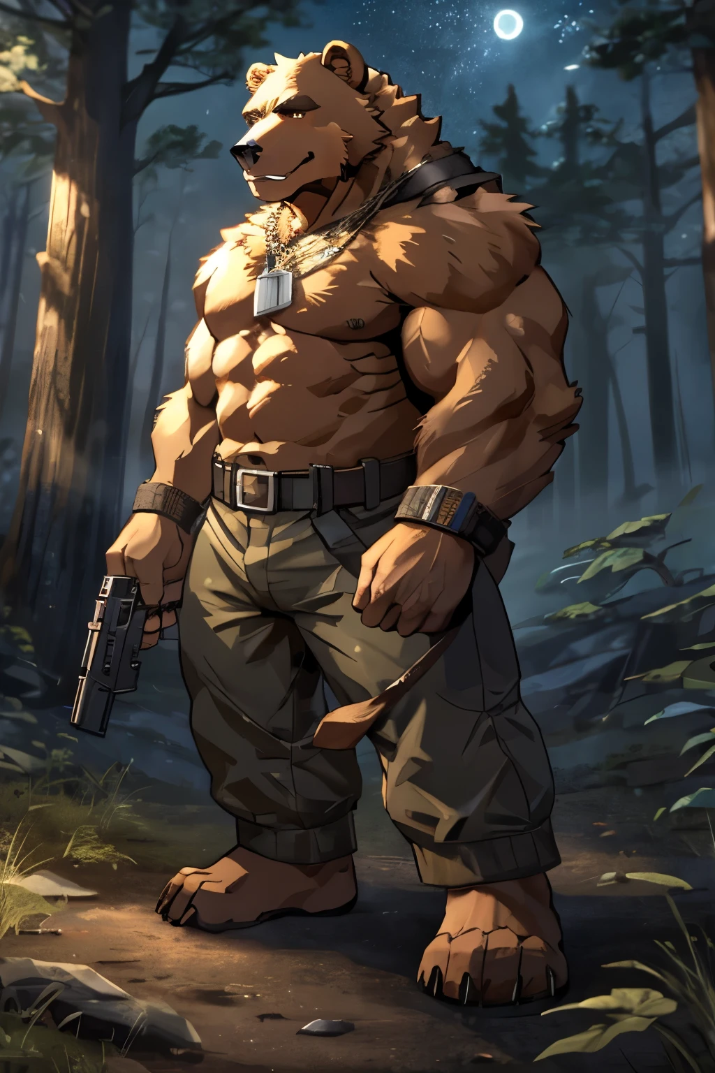 alone, Kanno, (Bear), Humanity, male, ((orange body)), army, There&#39;s a gun on the floor, Tail, muscle, Handsome, dog tag, naked, , thick, forest, fantasy, outdoor, external, dark, night, forest, Star, permanent, toe claws, epic, depth of field, perfect lighting, (light particles品质),(masterpiece),(ultra deTailed),sharp focus,light particles，