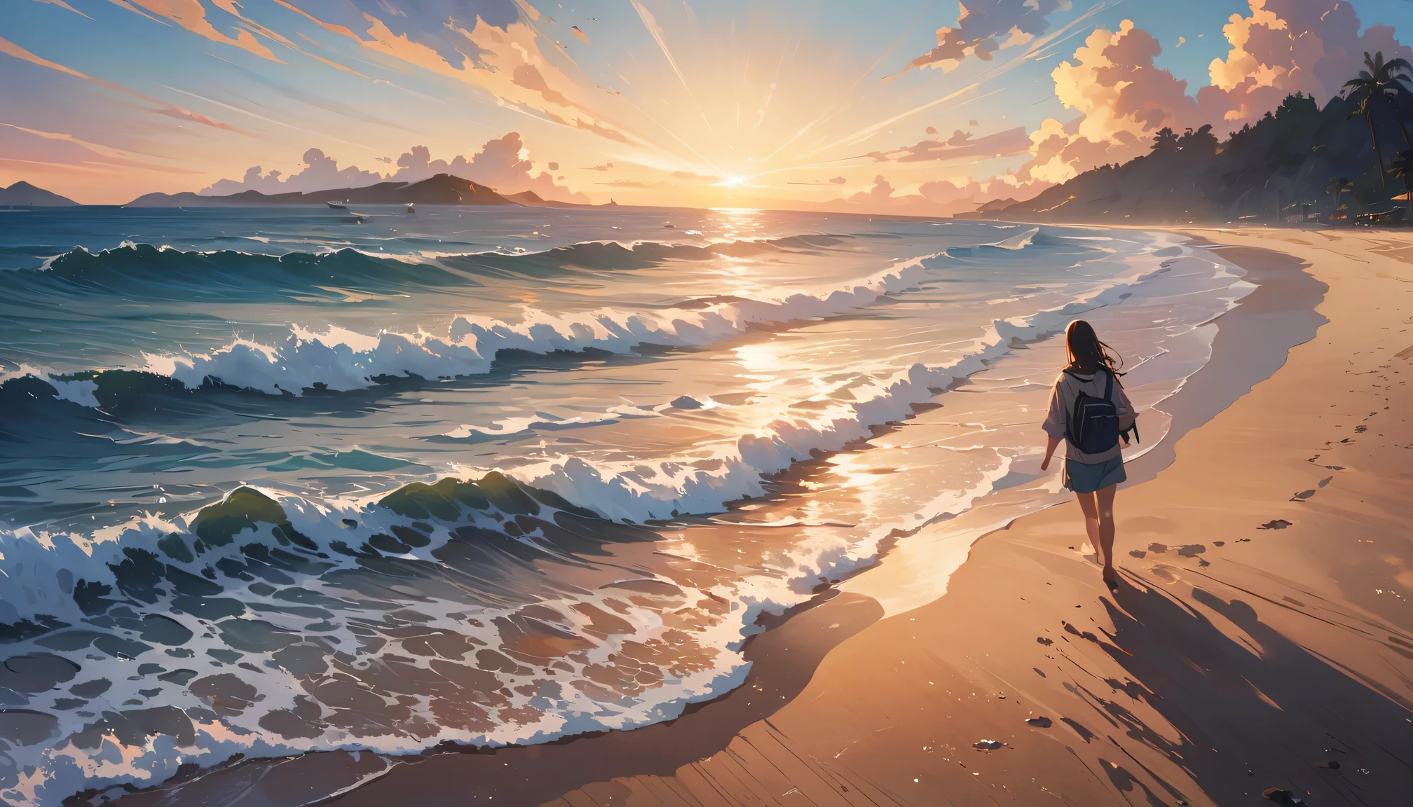 man walking on beach,Super wide angle painting, beach, rough waves, blue sky, bright colors, golden sands, Gentle sea breeze, peaceful atmosphere, Detailed ripples in the sand, Real water reflection, dramatic perspective, Dynamic cloud, long shadow, Characters in the sun, Picturesque scenery, Capture the action cleverly, High quality waves, Realistic textures, Professional Beach Photography