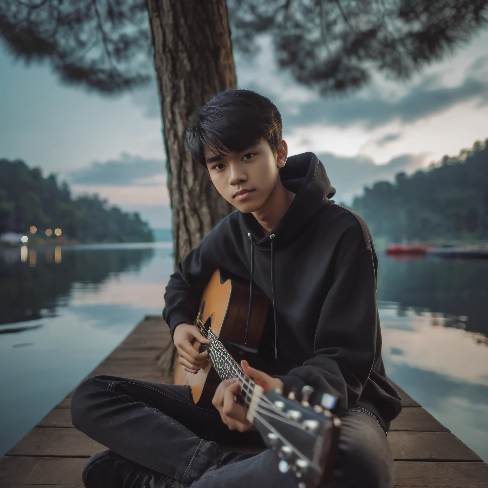long distance photo, wide angle portrait, 15 year old Indonesian man with short bangs. wearing black hoodie professional black jeans sitting on the pier playing guitar, sitting relaxed in front of the lake, under the tree, bokeh background with forest in the distance, lake with twilight reflection, looking at the camera