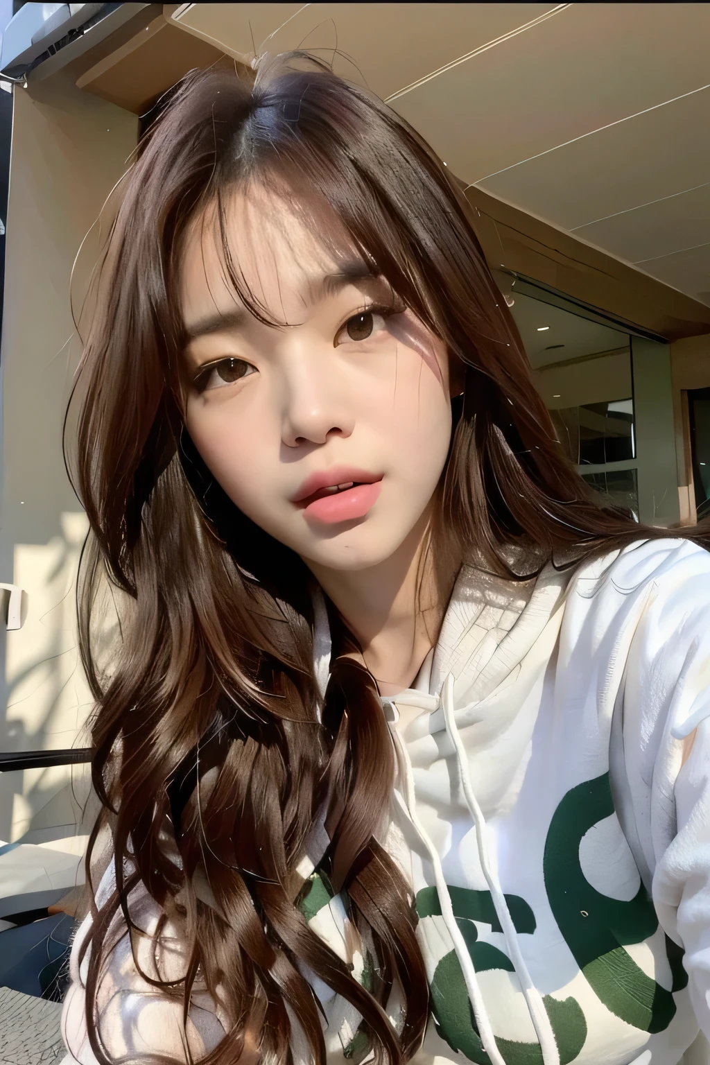 a close up of a woman with long hair wearing a hoodie, ulzzang, bae suzy, 🤤 girl portrait, lalisa manobal, young adorable korean face, jaeyeon nam, with bangs, young cute wan asian face, wan adorable korean face, lalisa manoban of blackpink, korean girl, blackpink jennie, jinyoung shin, center parted bangs