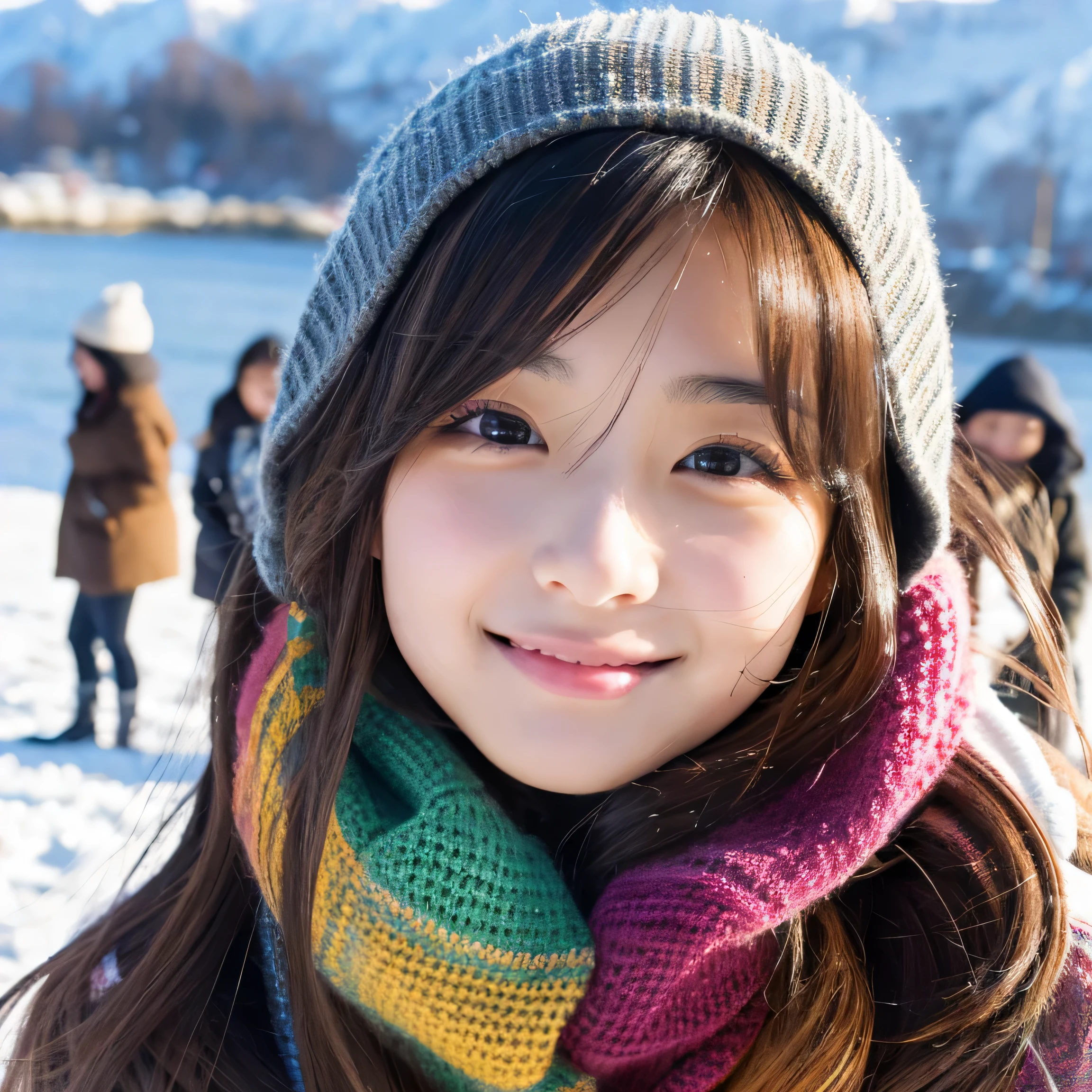 highest quality, masterpiece, ultra high resolution, (realistic:1.4), Raw photo, lots of girls, Japan's most famous idols are having so much fun on the winter beach, all teenagers, (All different faces, very cute face, very beautiful face, very -faced, very sexy face), They all have very beautiful big eyes., very beautiful colorful hair, All skins are so beautiful, very beautiful long eyelashes, everyone has very beautiful lips, everyone is wearing winter clothes