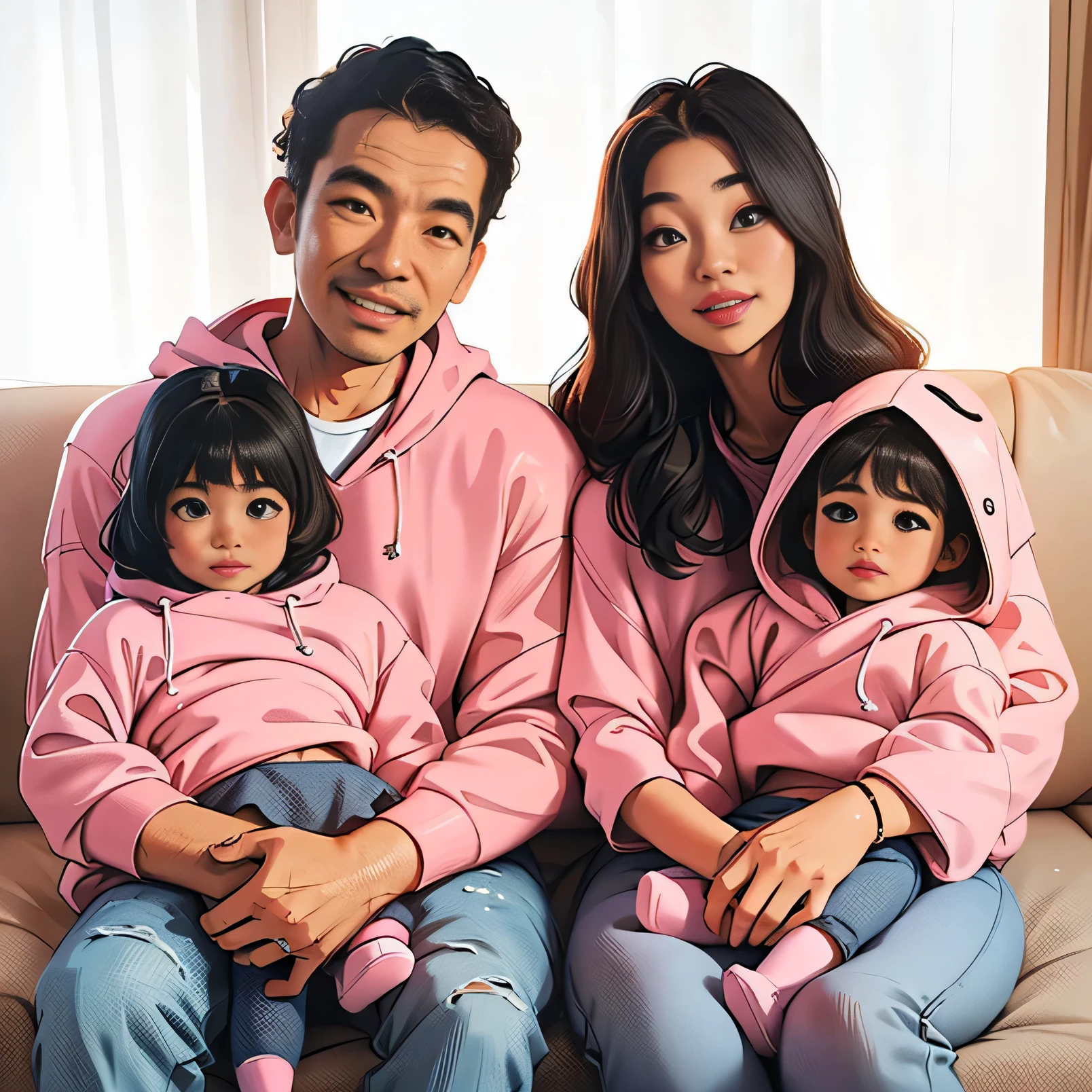 A mother and father with authentic Indonesian faces are sitting on a sofa, cradling two 5-year-old girls wearing pink hoodies. The background is simple, with a frontal view, cool ambiance, 4K resolution, captured with the best detail by the photographer.